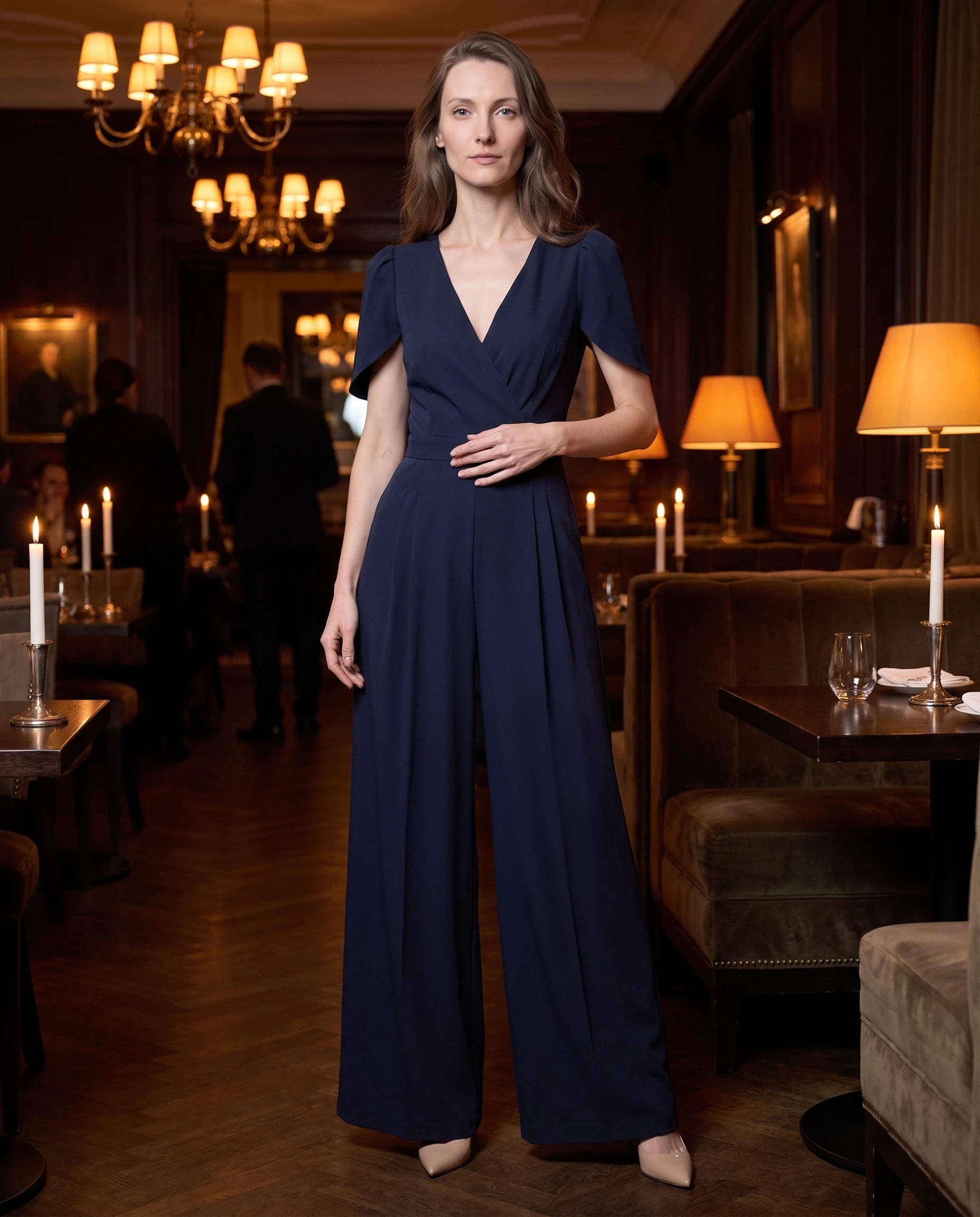 Combinaison habillee col V Armance bleu marine portee en soiree