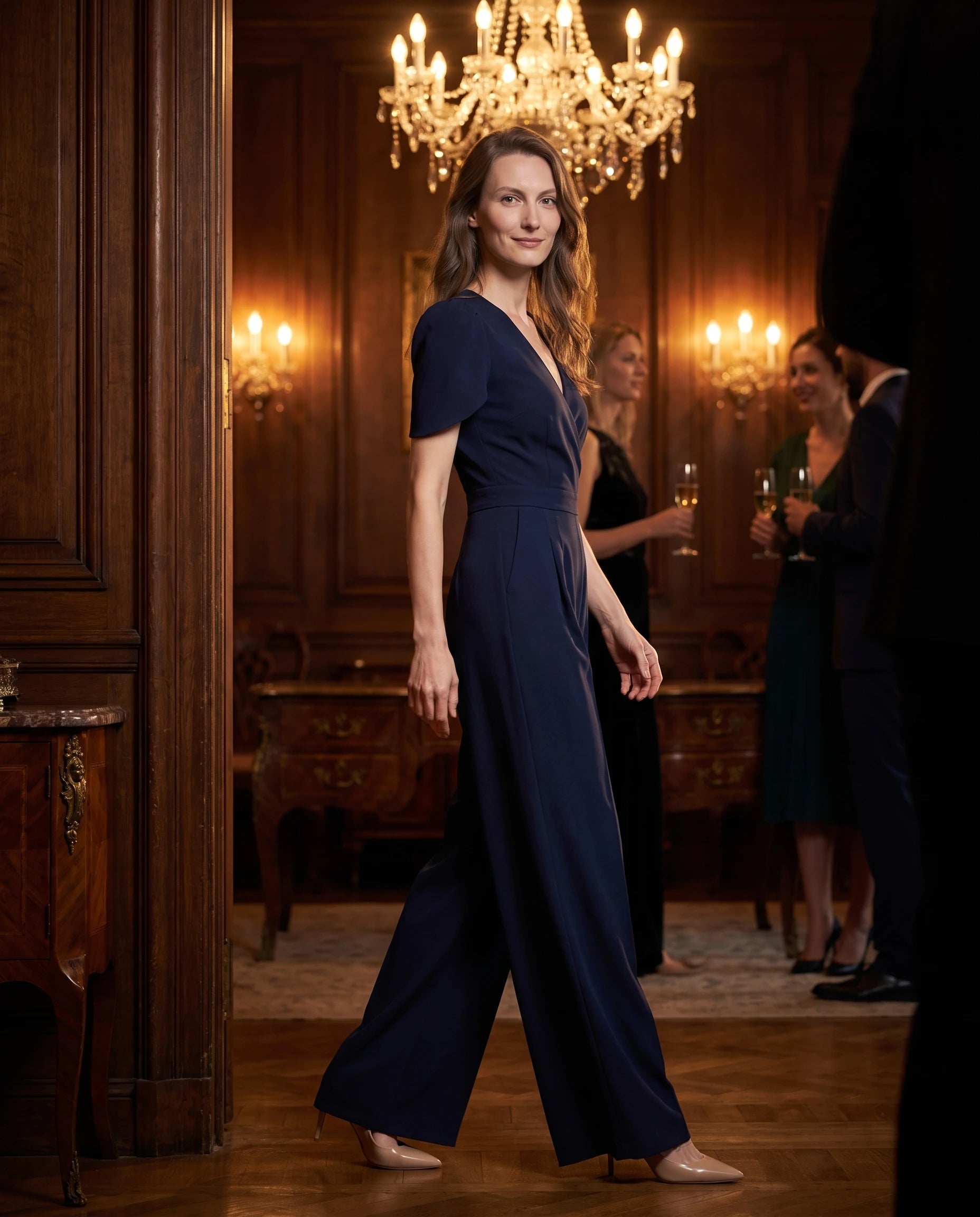 Combinaison habillee col V Armance bleu marine en interieur du soir