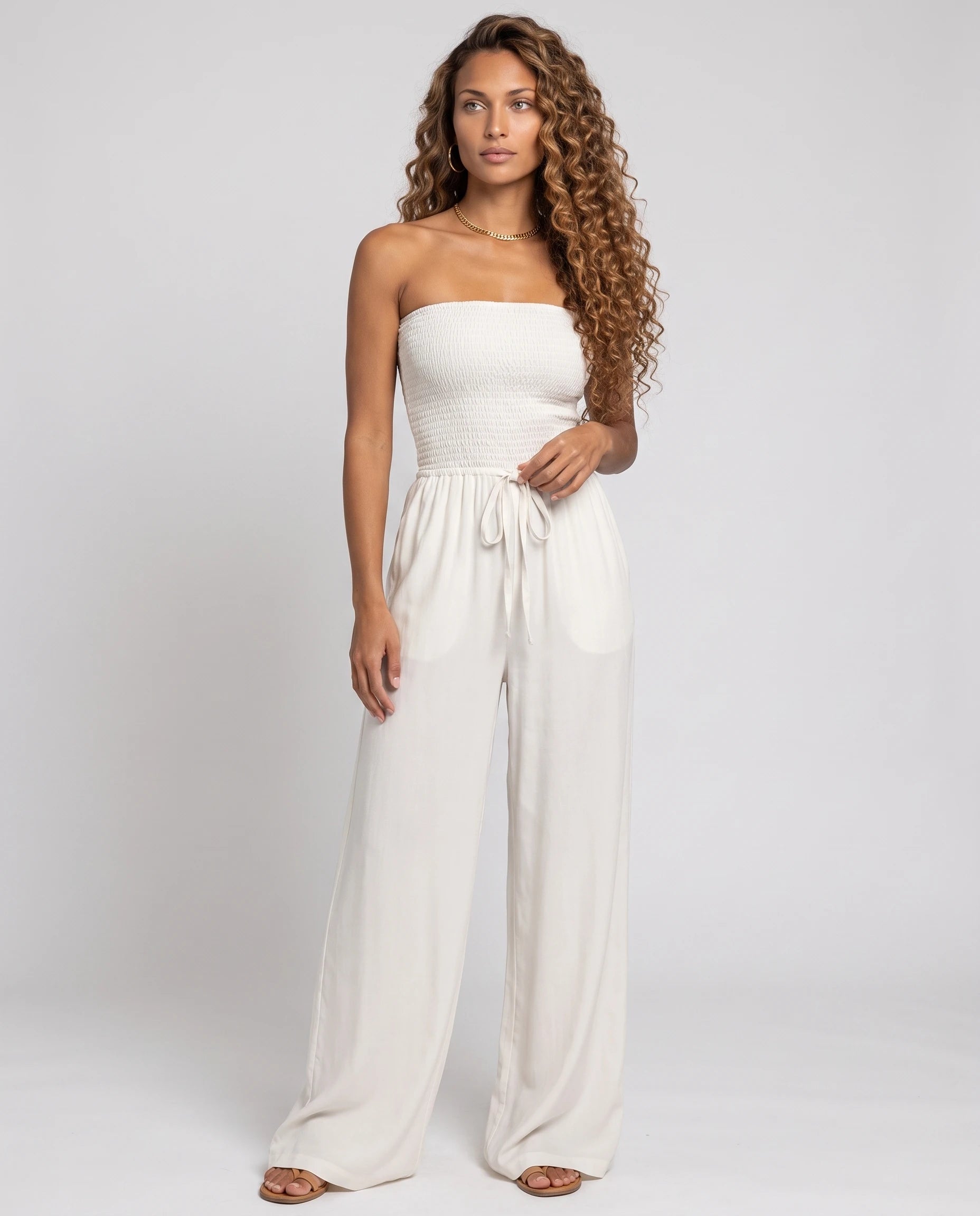Combinaison bustier blanche à jambe large — Lucile - vue studio, face