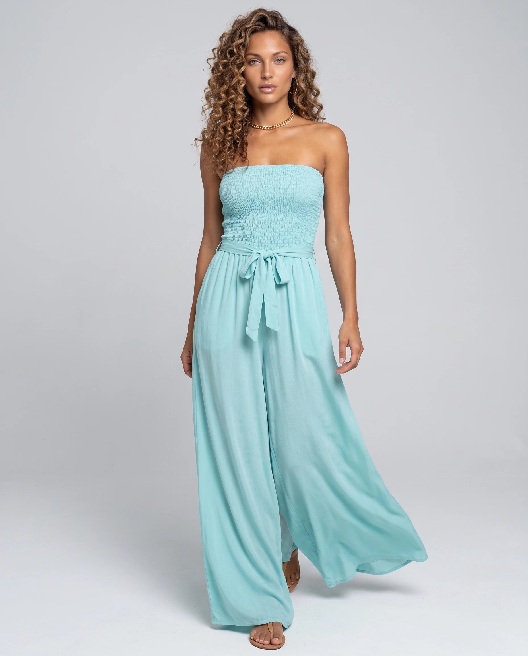 Combinaison bustier bleu lagon à jambe large — Lucile - vue studio, face