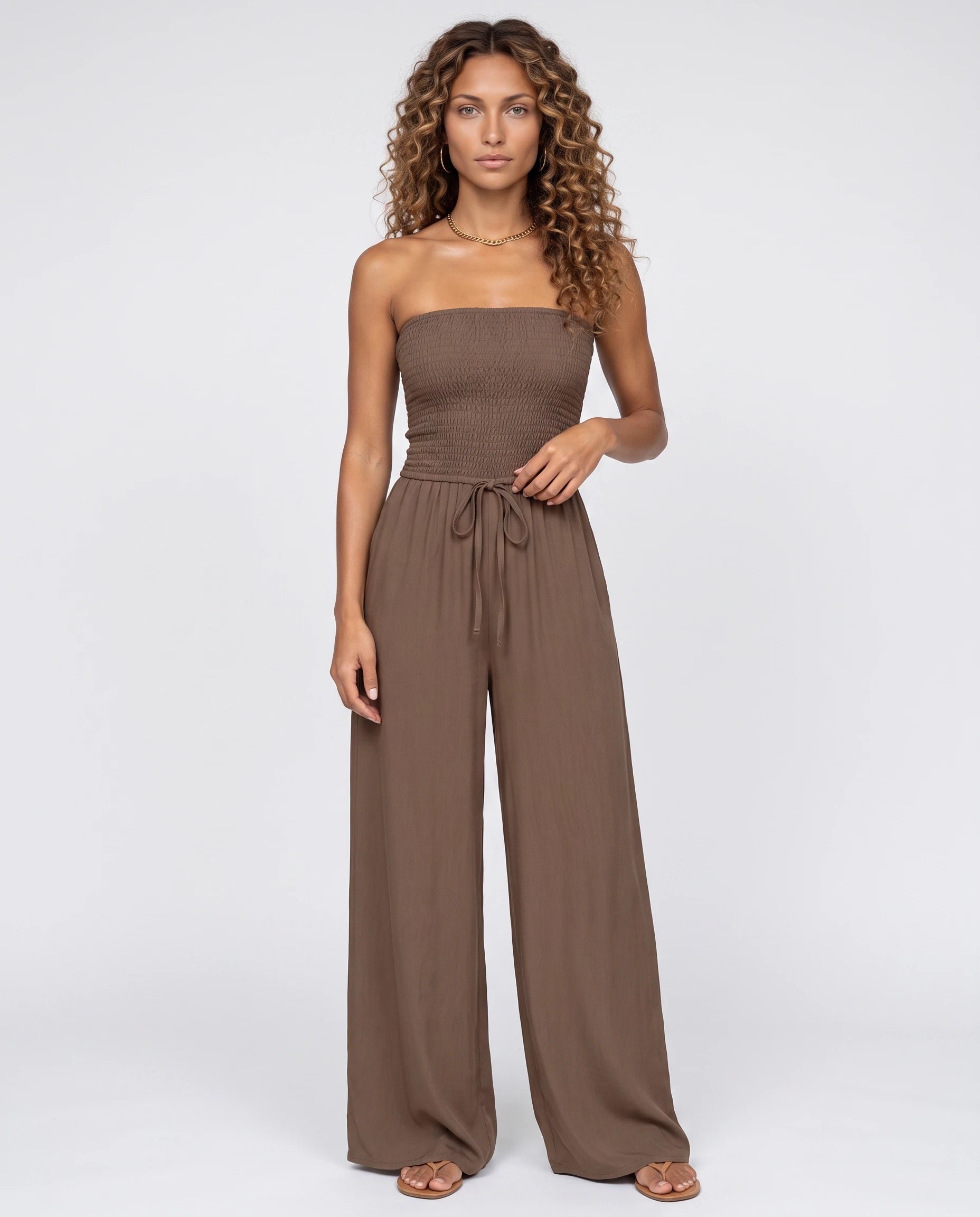 Combinaison bustier brun cacao à jambe large — Lucile - vue studio, face