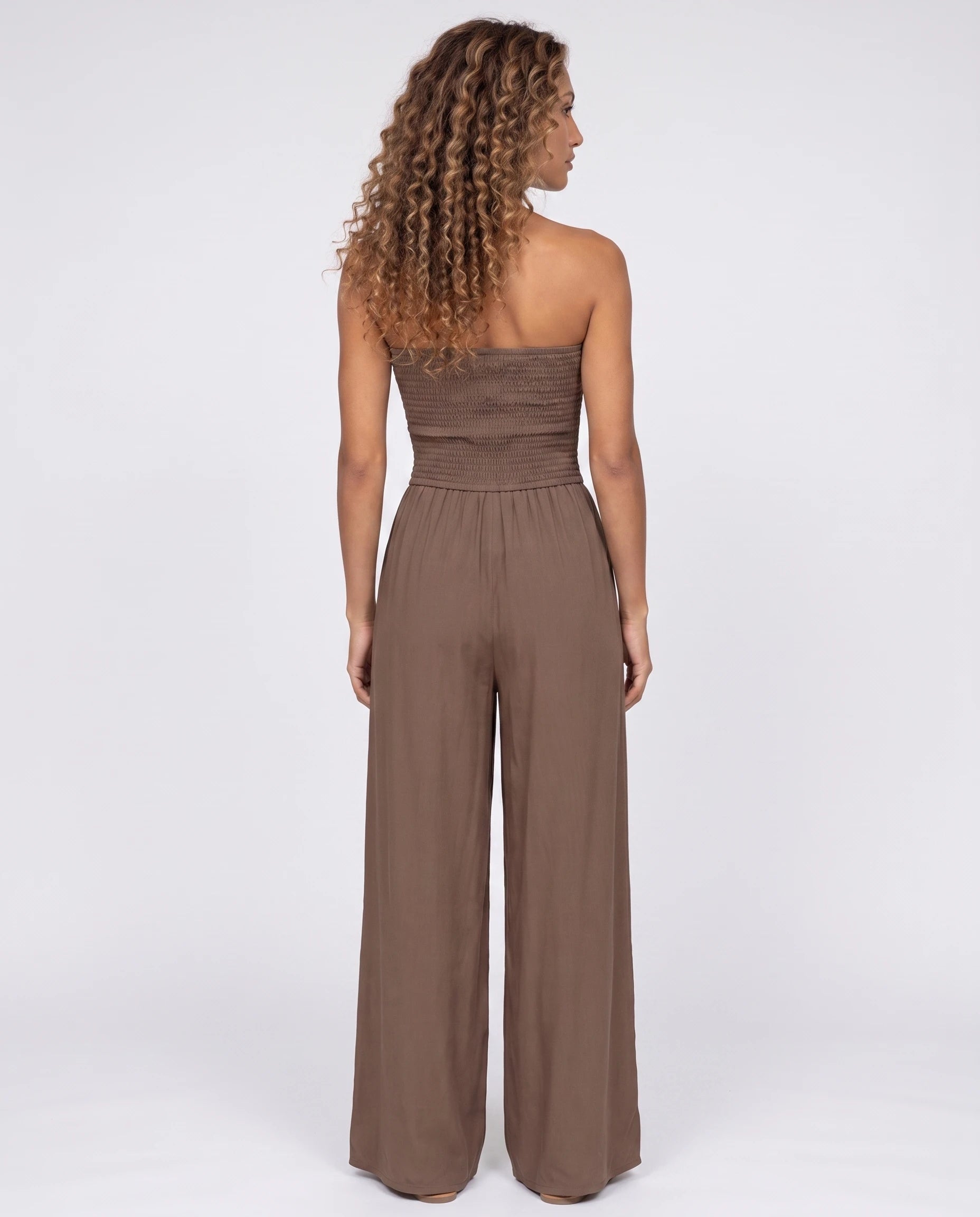 Combinaison bustier brun cacao à jambe large — Lucile - vue studio, dos
