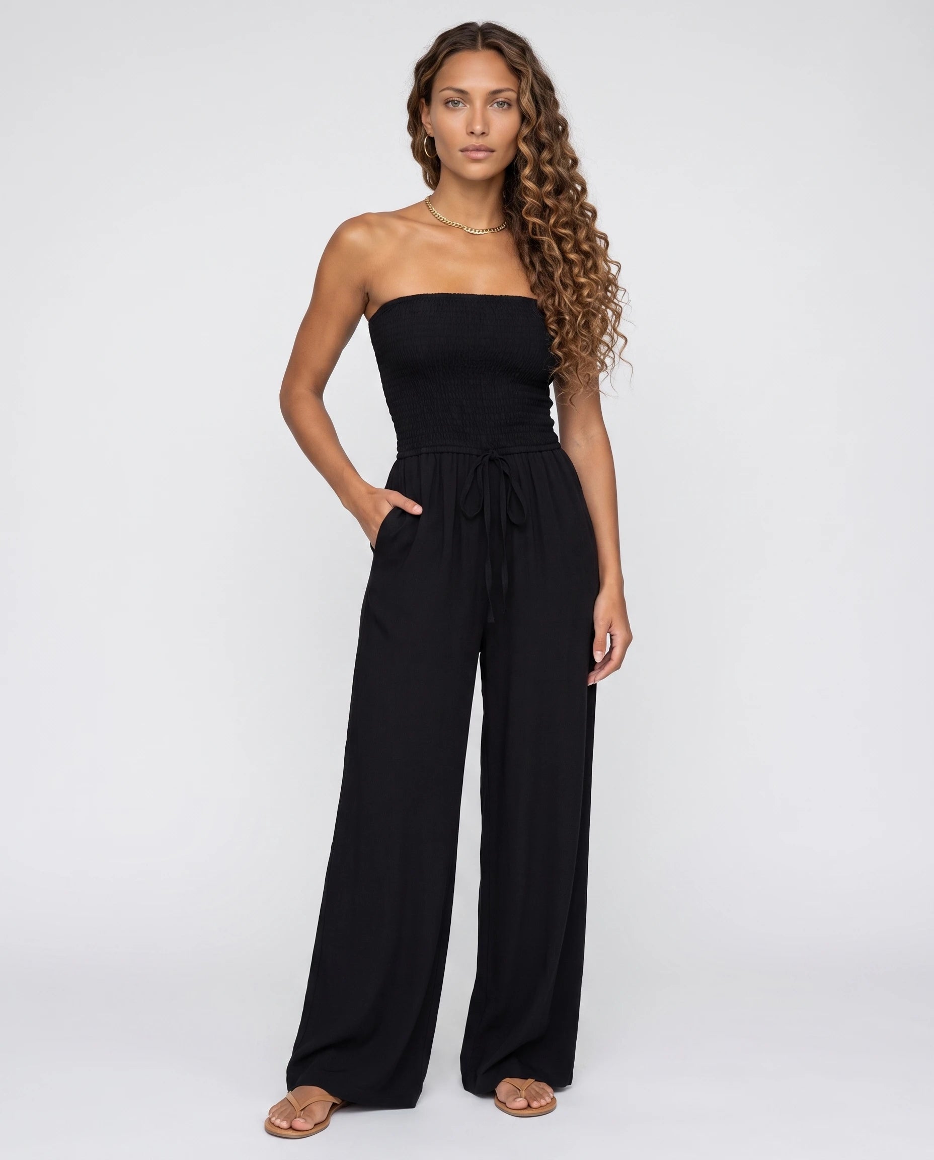 Combinaison bustier noire à jambe large — Lucile - vue studio, face