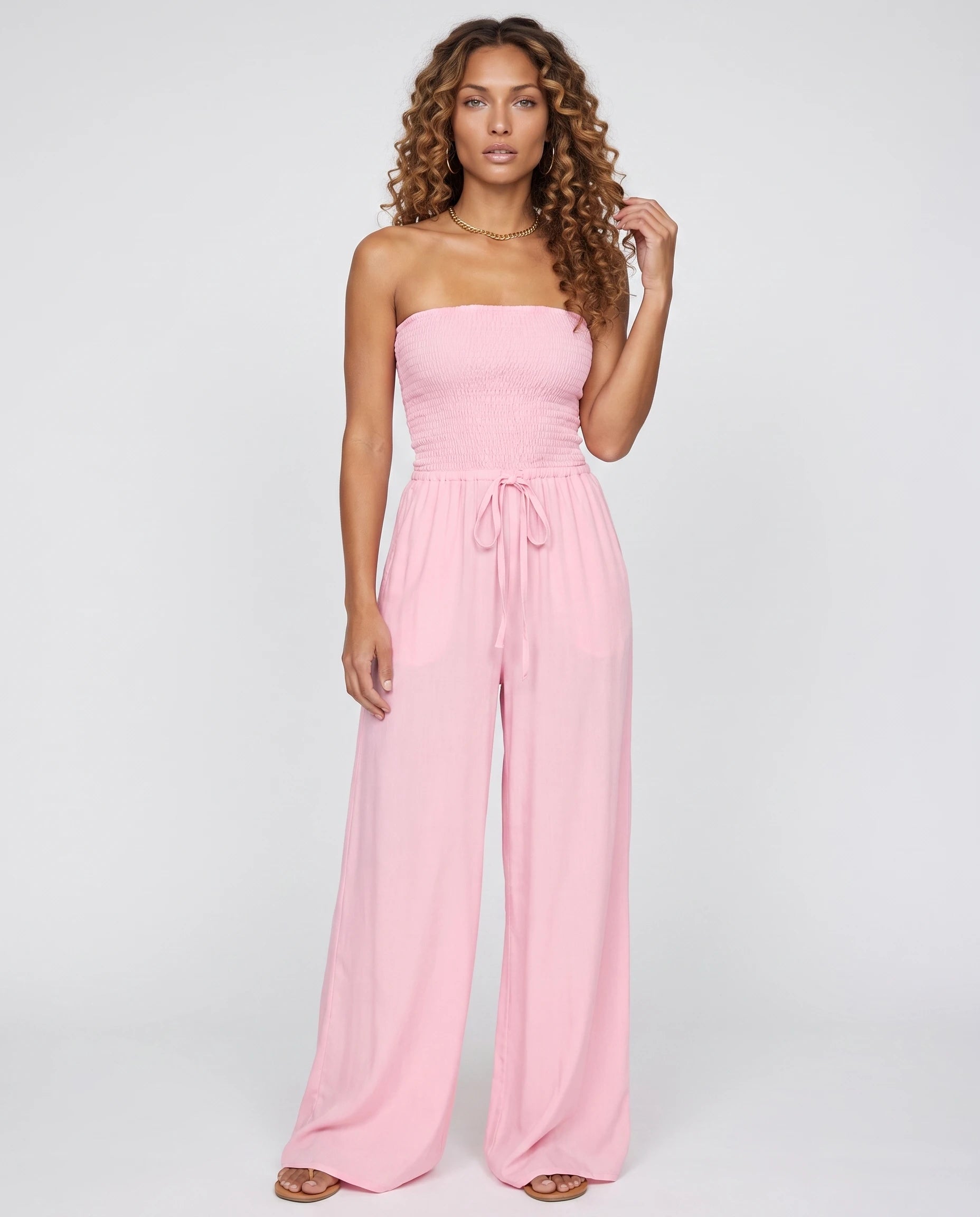 Combinaison bustier rose à jambe large — Lucile - vue studio, face