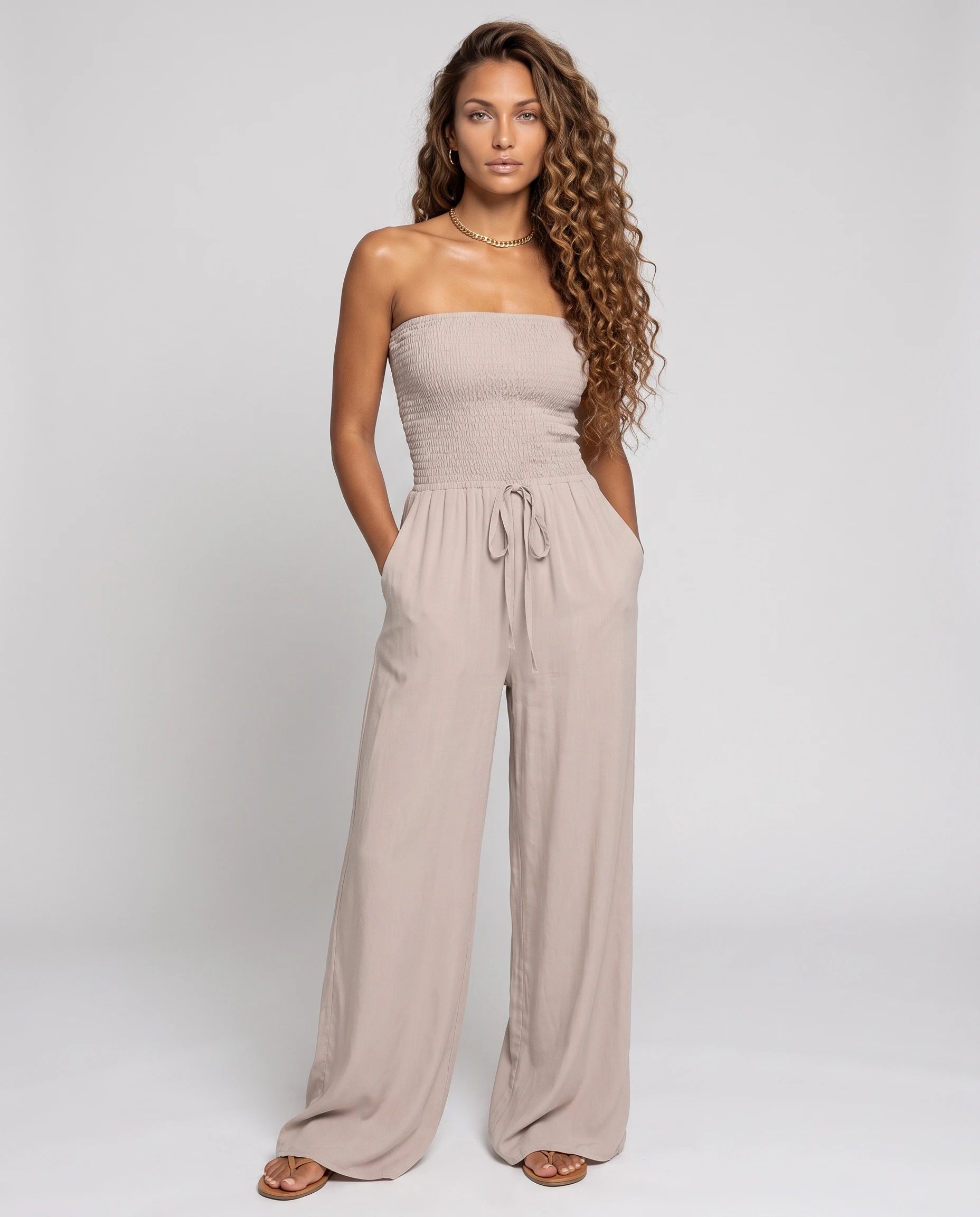 Combinaison bustier sable à jambe large — Lucile - vue studio, face