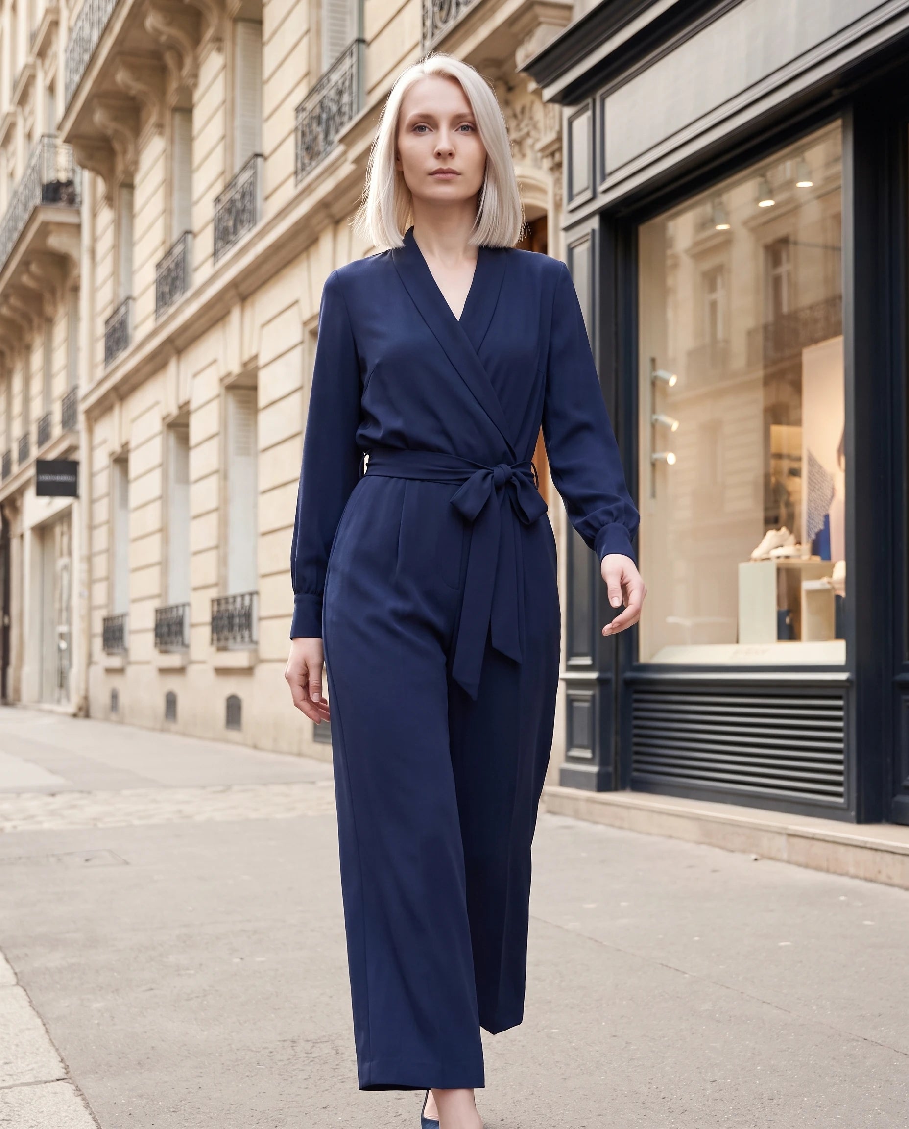 Combinaison cache-cœur bleu marine — rue parisienne