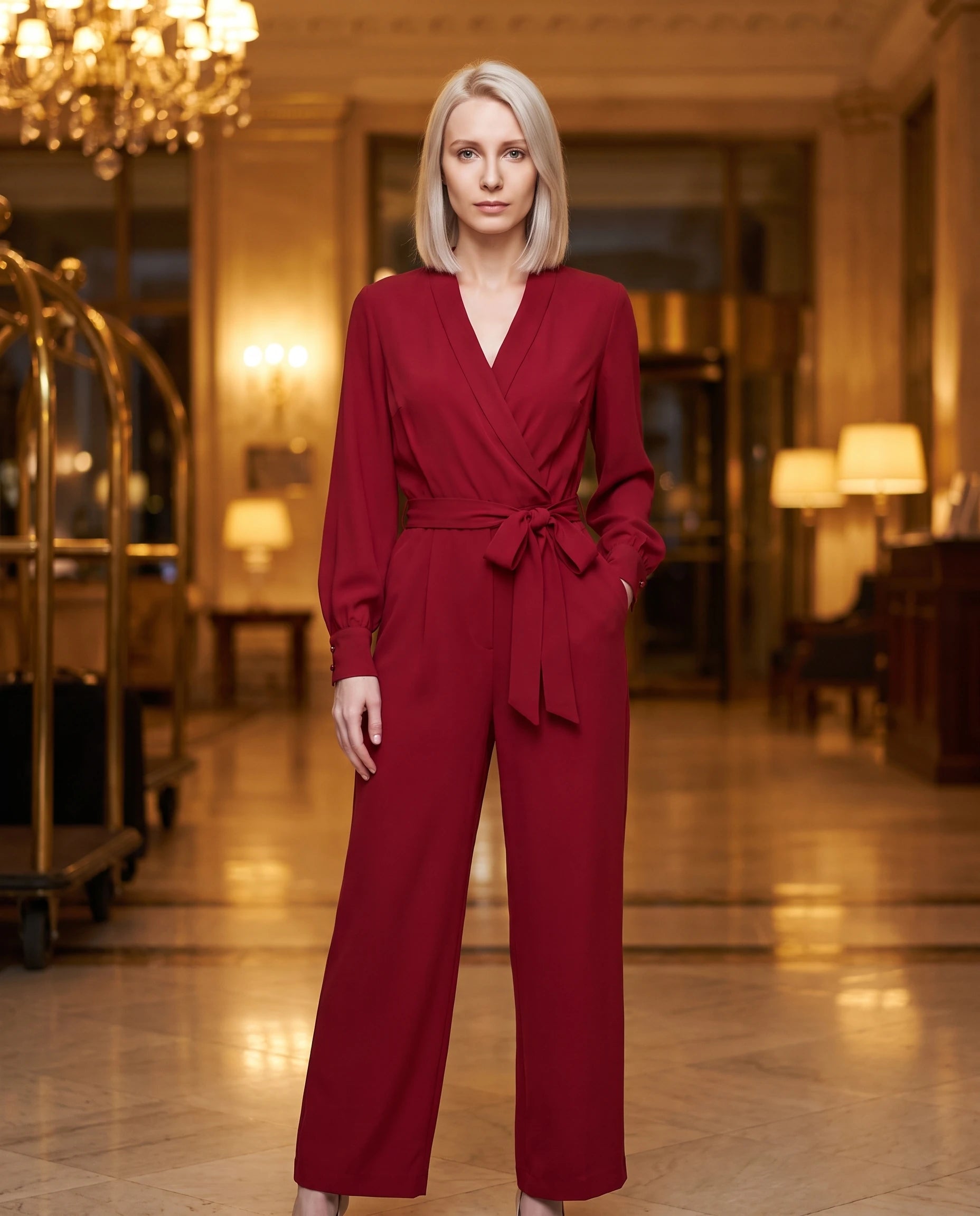 Combinaison cache-cœur rouge — hall d'hôtel le soir