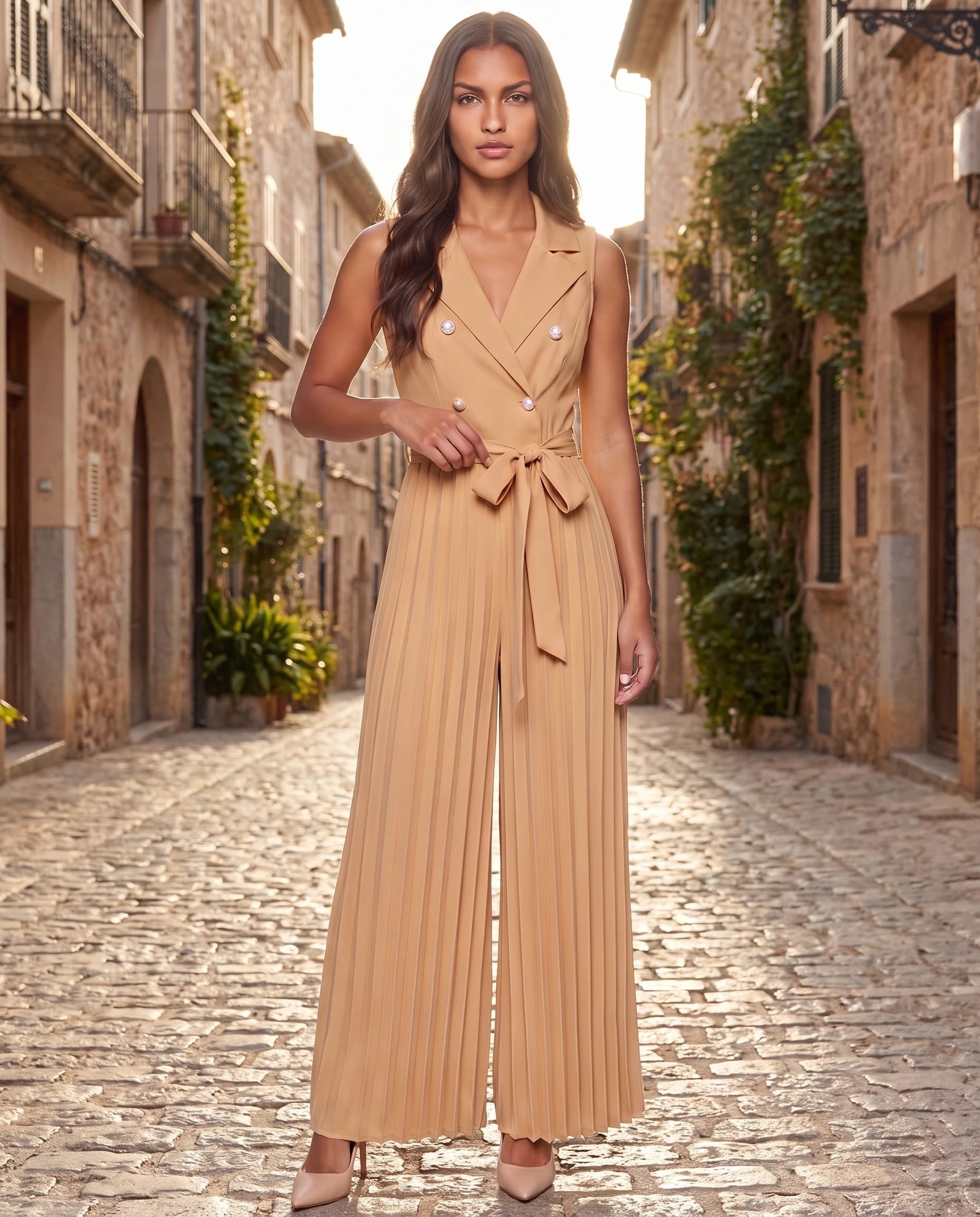 Combinaison habillée plissée à buste blazer Lucinde, coloris Camel, portée dans une rue pavée au golden hour