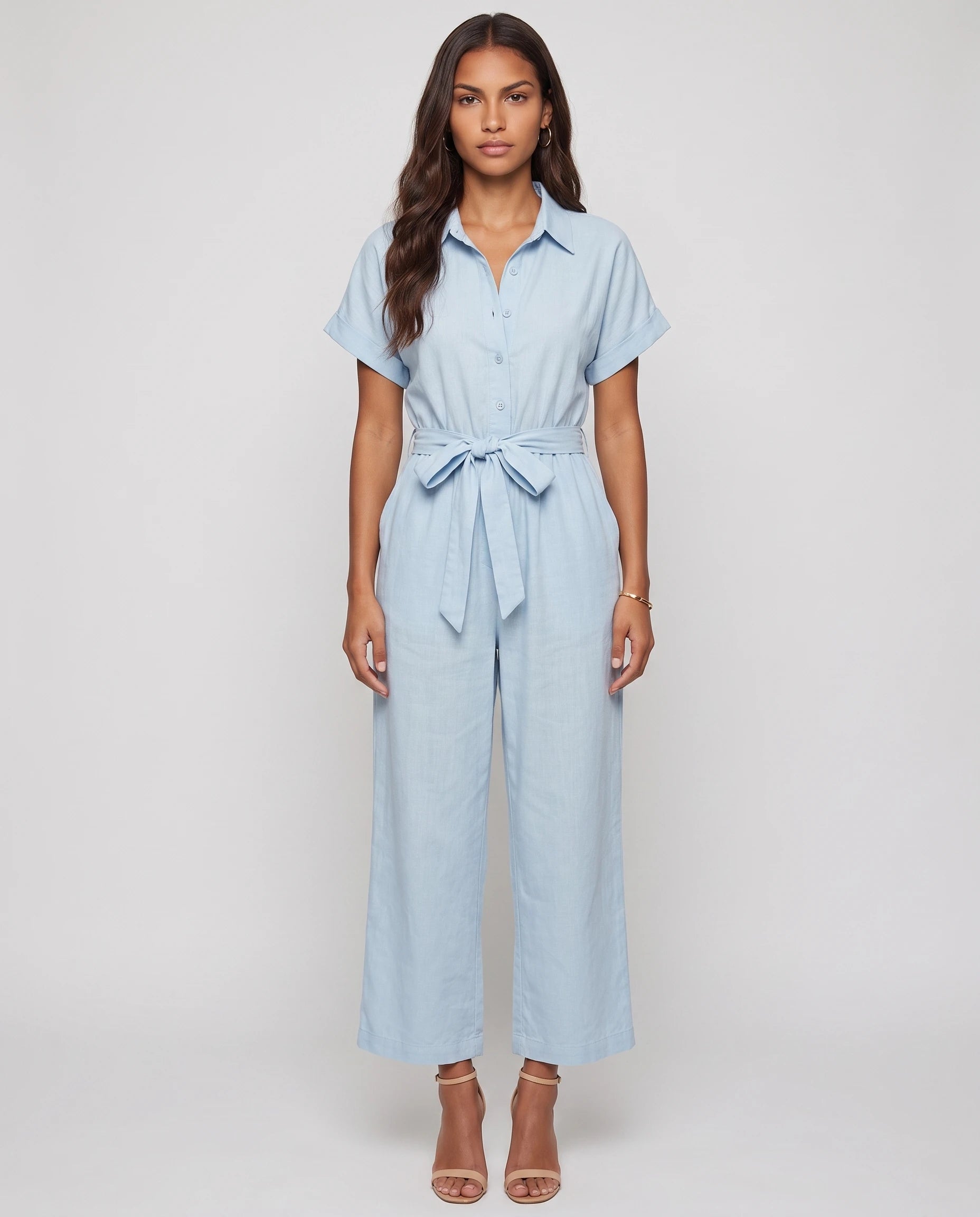 Combinaison fluide ceinturee Delphine - Bleu Ciel - studio face