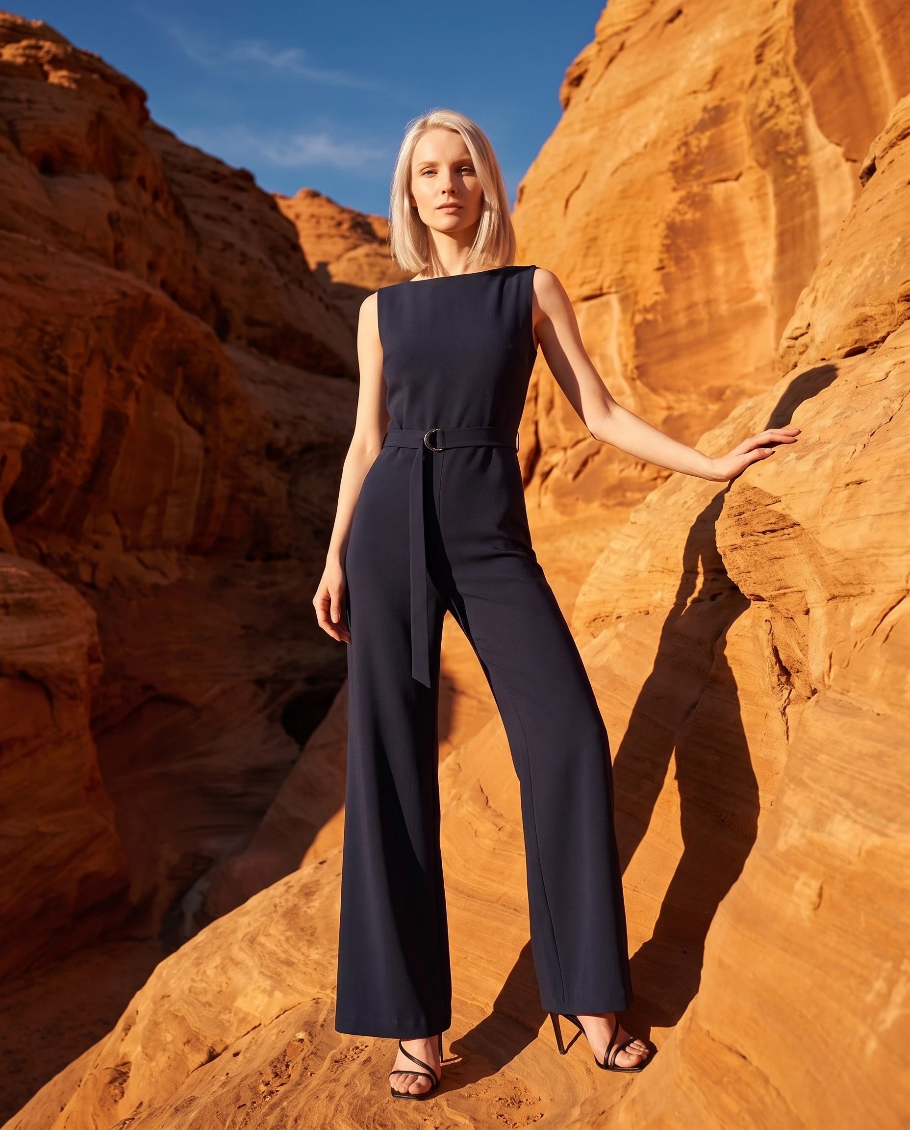 Combinaison fluide a dos ouvert Bleu Nuit portee dans un canyon rocheux - Genevieve | Zolena