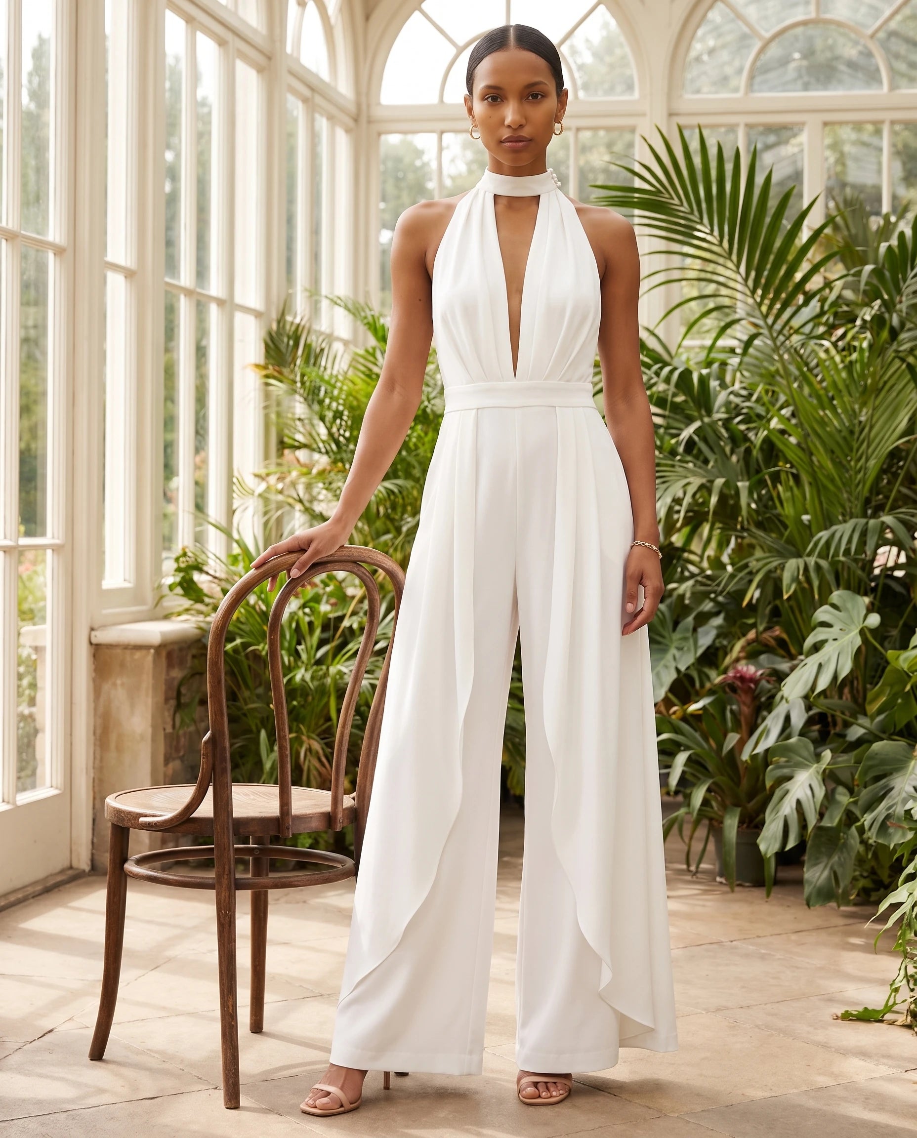 Combinaison habillee dos nu jambe large Blanc portee dans une orangerie lumineuse - Celestine | Zolena
