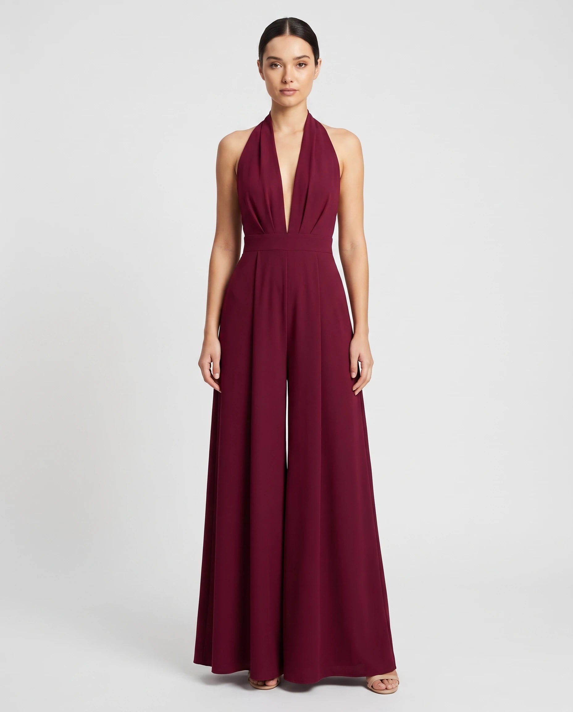 Combinaison habillee dos nu jambe large Bordeaux, vue de face studio - Celestine | Zolena