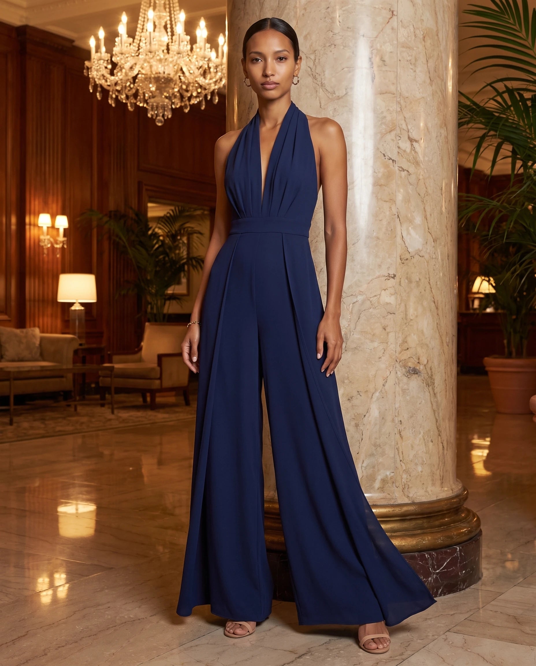 Combinaison habillee dos nu jambe large Bleu Marine portee dans un hall d hotel en marbre - Celestine | Zolena