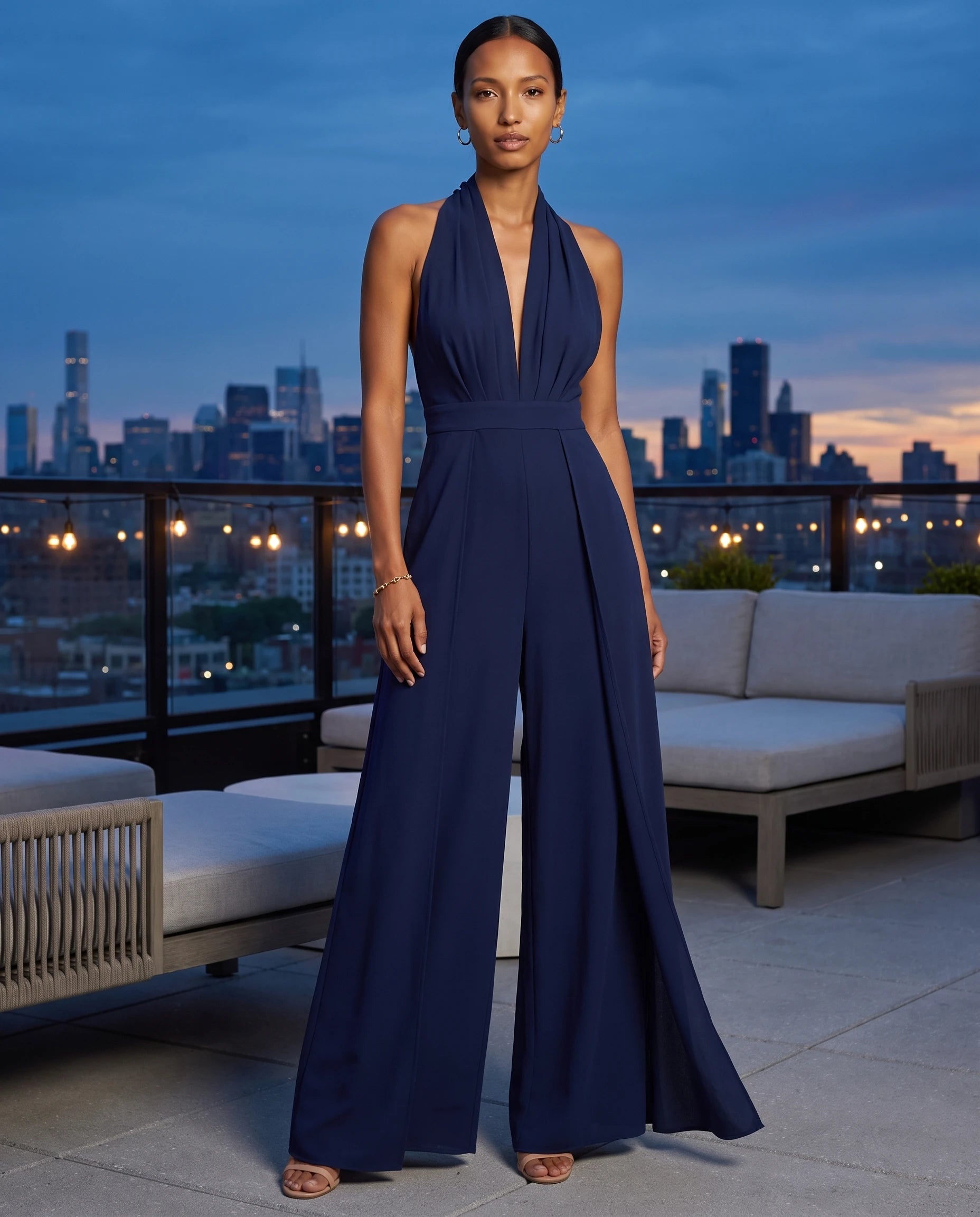 Combinaison habillee dos nu jambe large Bleu Marine portee sur un rooftop a l heure bleue - Celestine | Zolena