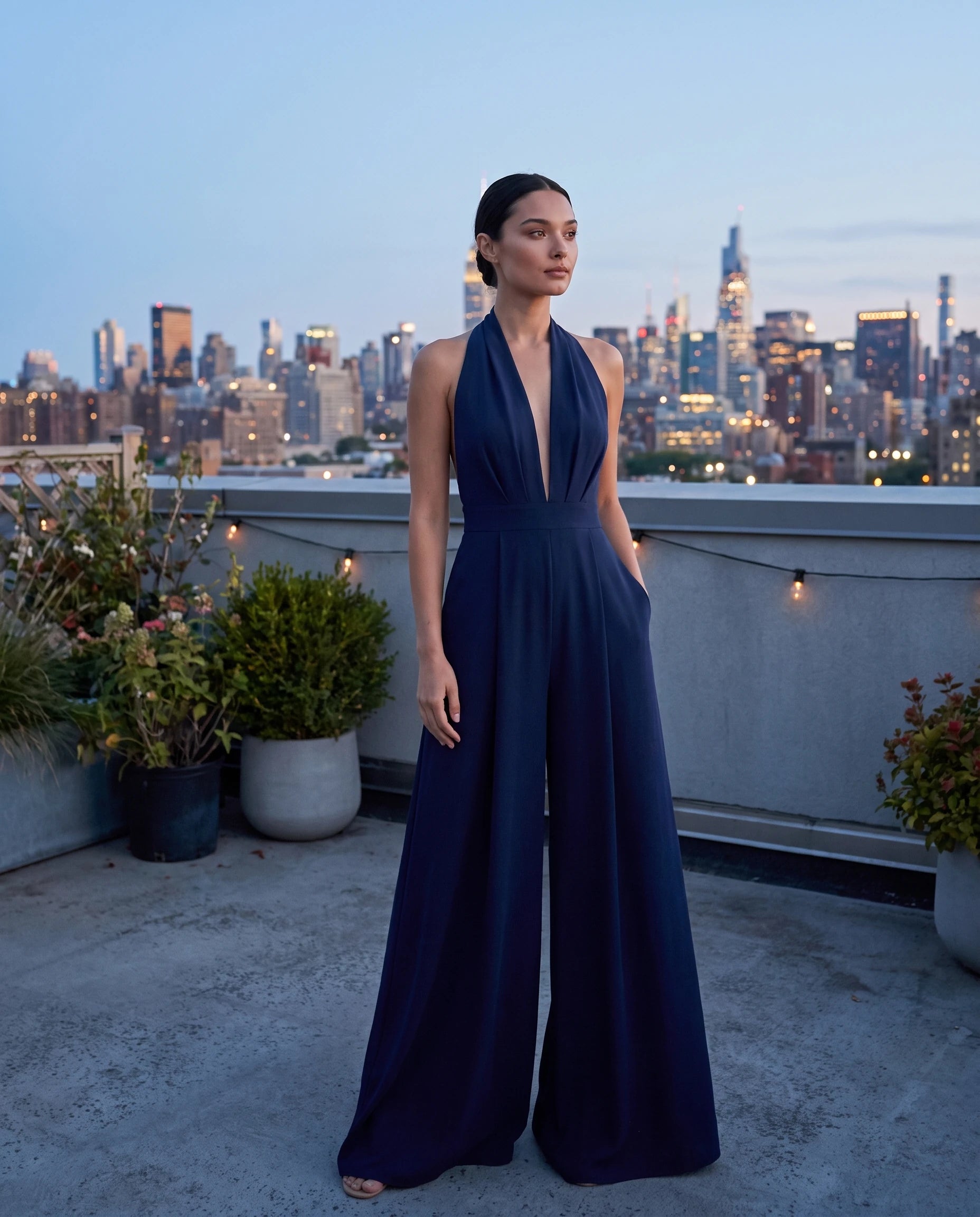 Combinaison habillee dos nu jambe large Bleu Marine portee sur un rooftop a l heure bleue - Celestine | Zolena