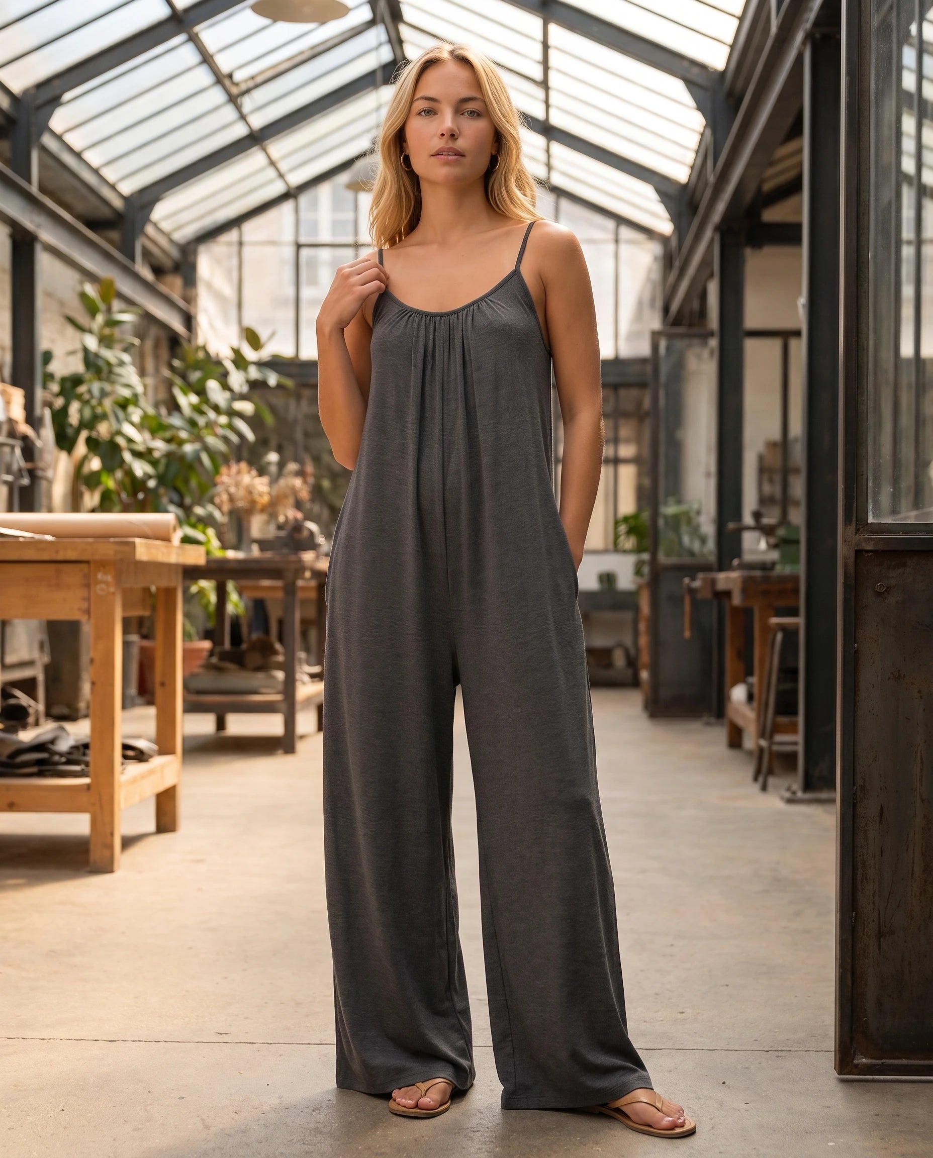 Combinaison fluide jambe large Séverine, coloris Anthracite, en situation