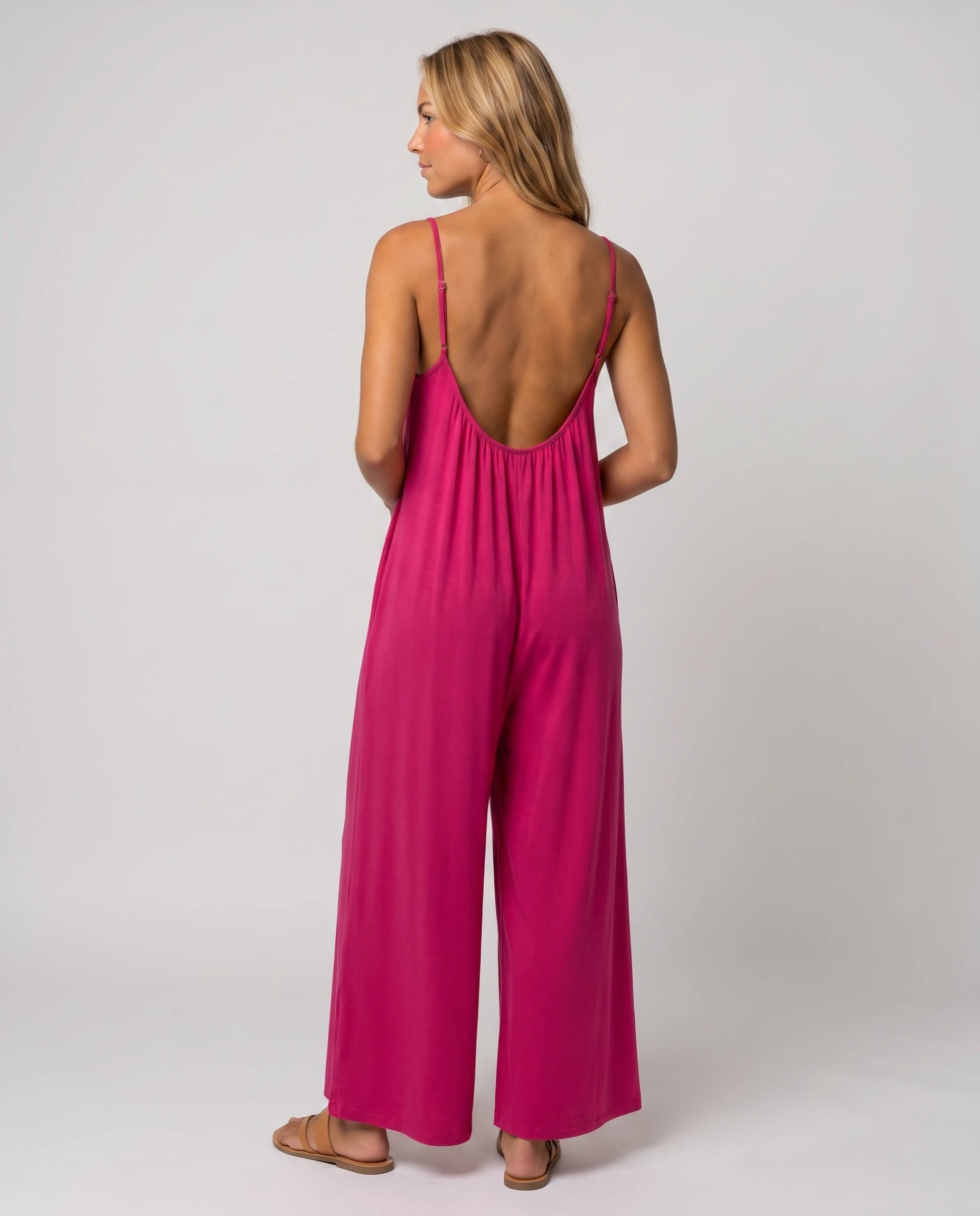 Combinaison fluide jambe large Séverine, coloris Rose Framboise, vue de dos