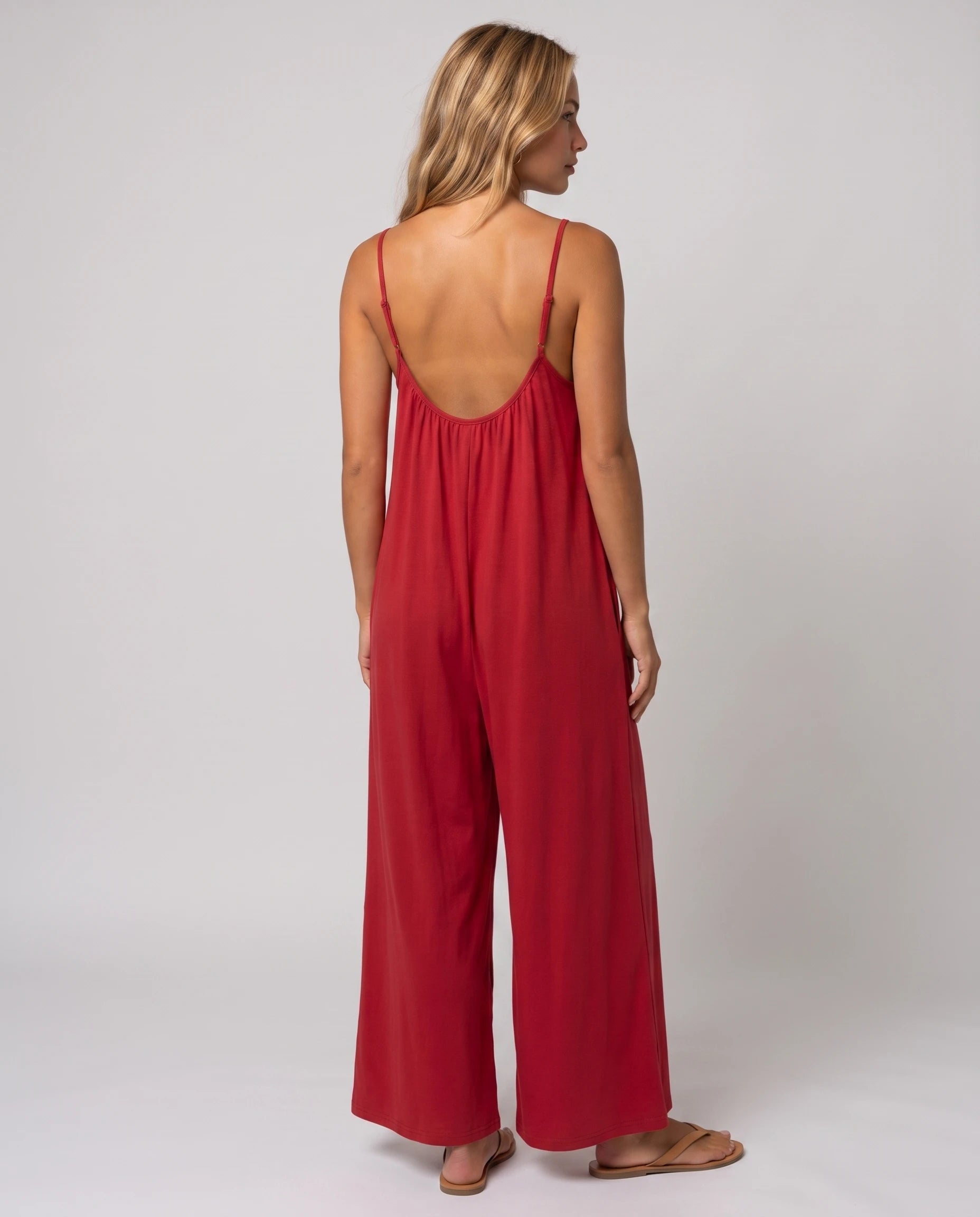 Combinaison fluide jambe large Séverine, coloris Rouge, vue de dos