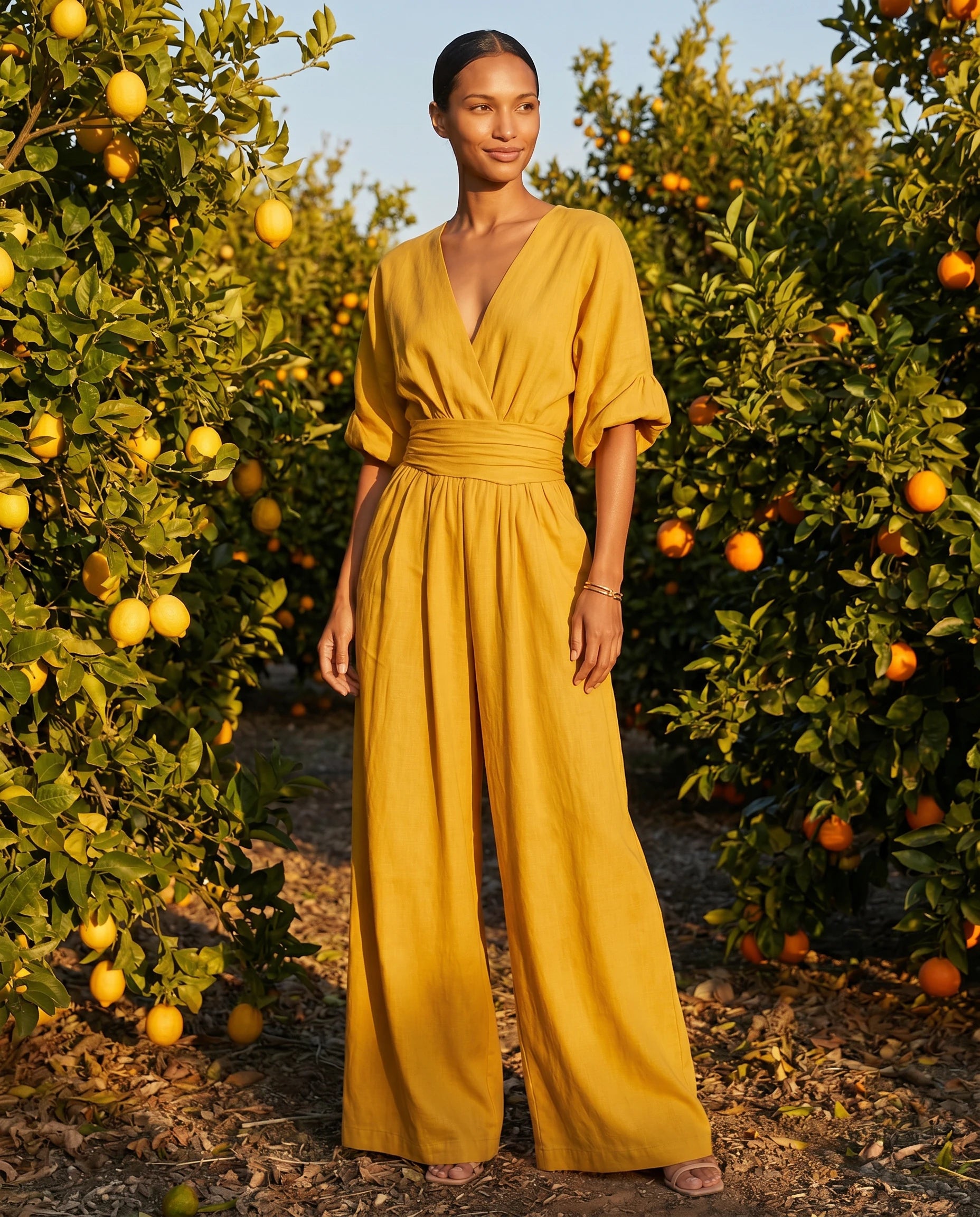 Combinaison large col V Jaune Moutarde portee dans un jardin d agrumes - Eulalie | Zolena