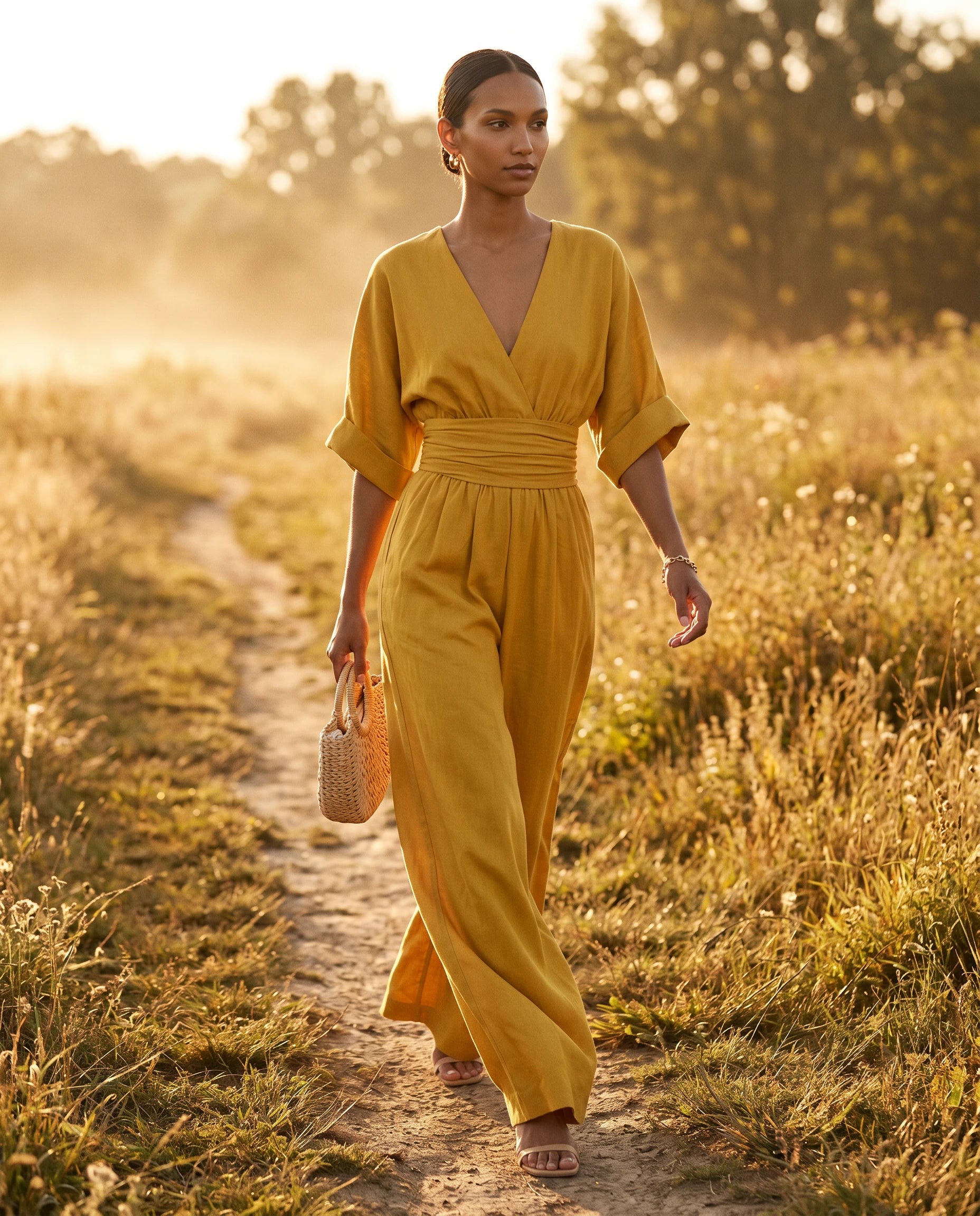 Combinaison habillee jambe large Jaune Moutarde portee dans une prairie ensoleillee - Ophelie | Zolena