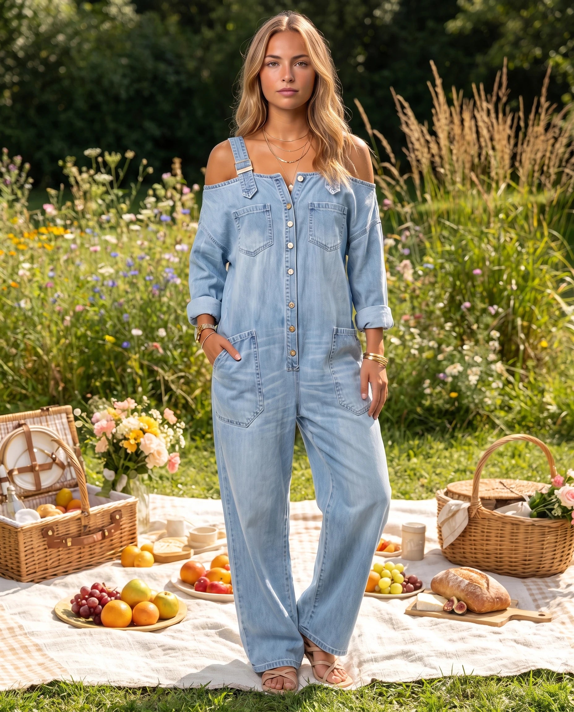 Combinaison en jean à épaules dénudées Maëlys — Bleu Ciel, portée lors d'un pique-nique au jardin