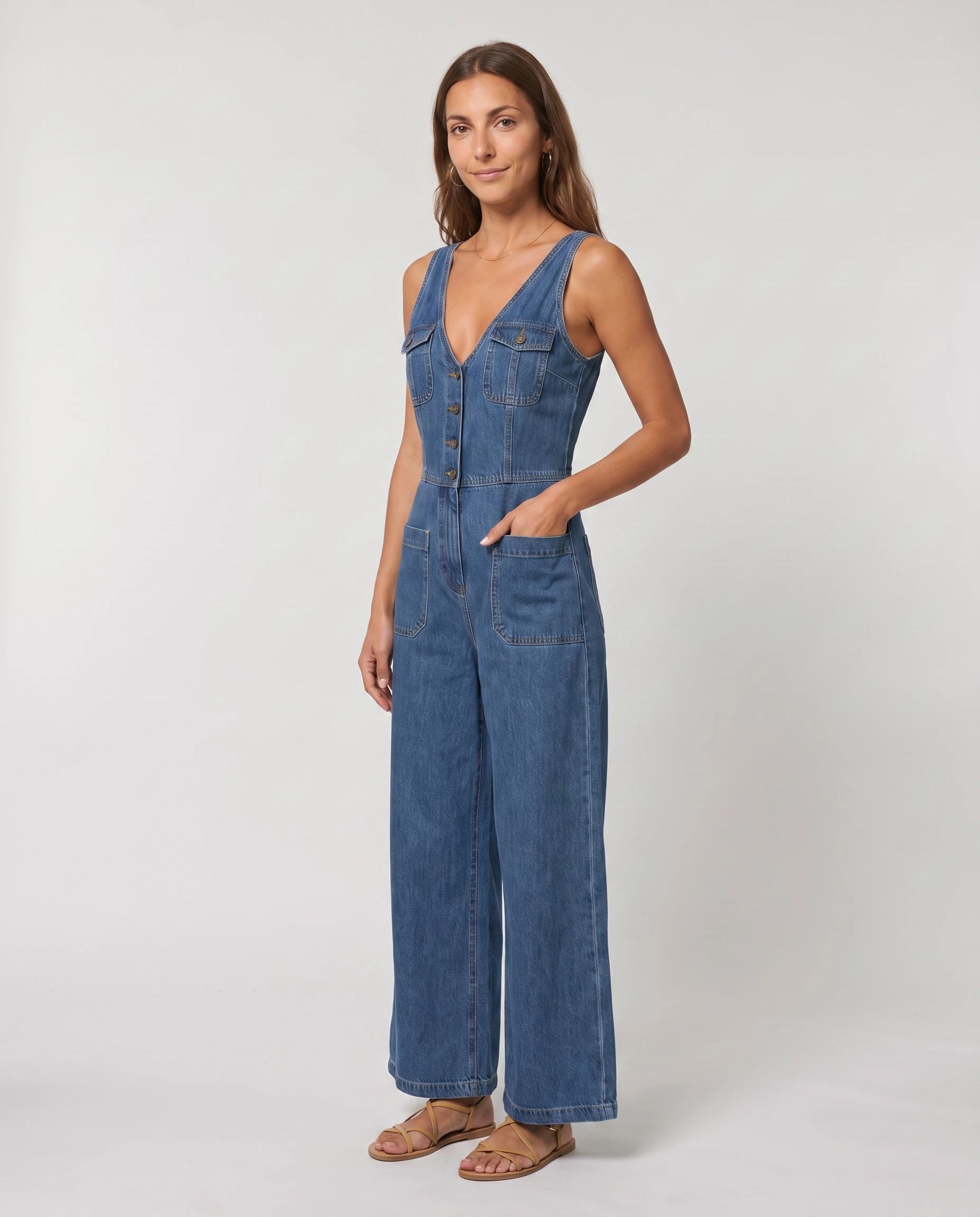 Combinaison en jean Valentine Bleu Denim, vue de trois quarts studio