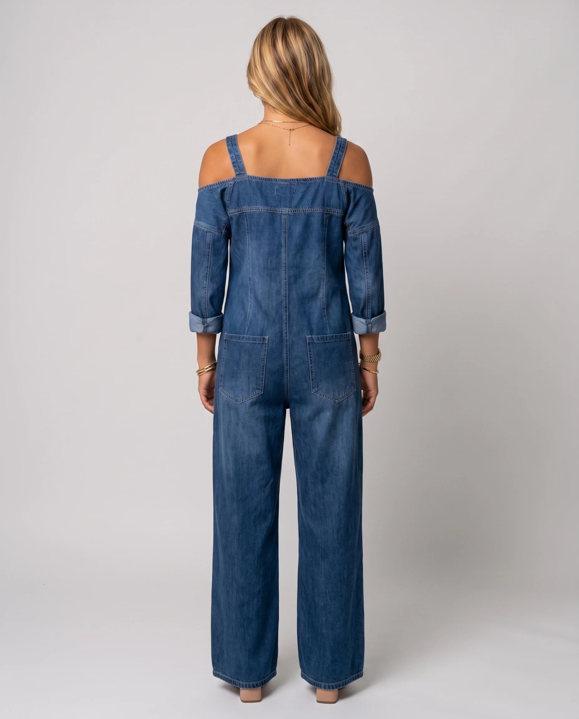 Combinaison en jean à épaules dénudées Maëlys — Bleu Denim, vue studio de dos