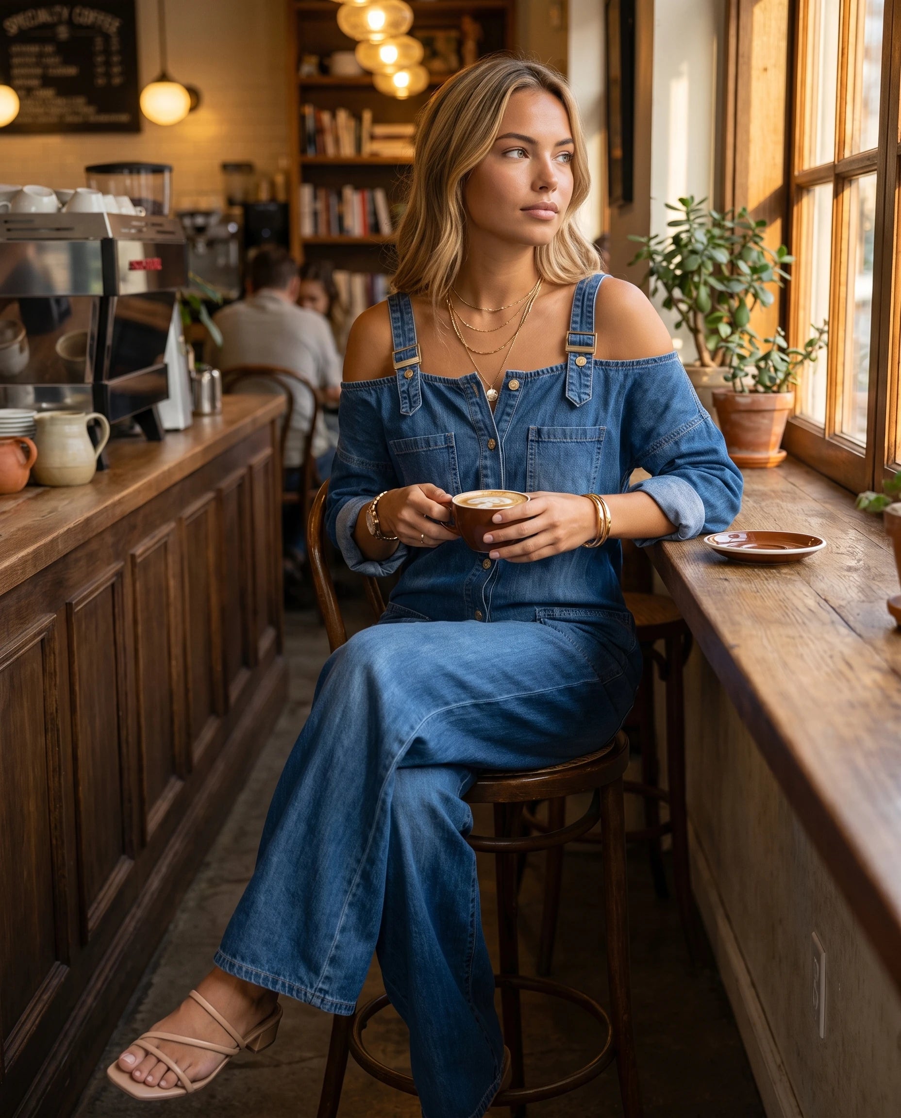 Combinaison en jean à épaules dénudées Maëlys — Bleu Denim, portée dans un café