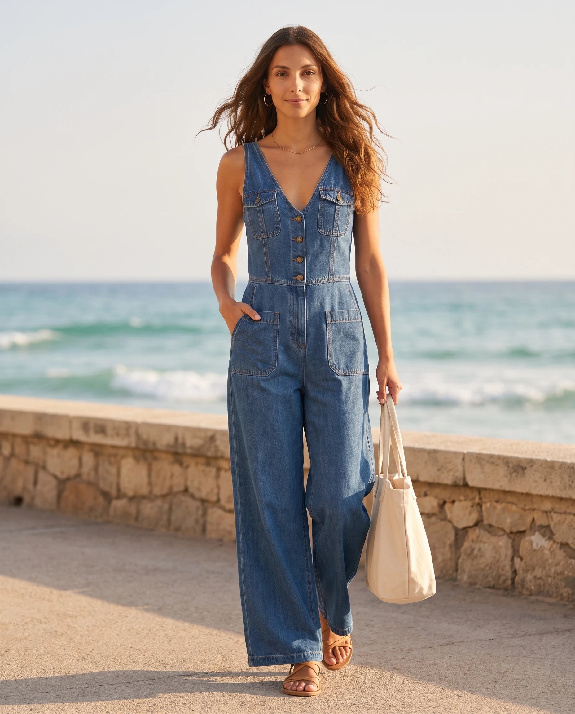 Combinaison en jean Valentine Bleu Denim, bord de mer