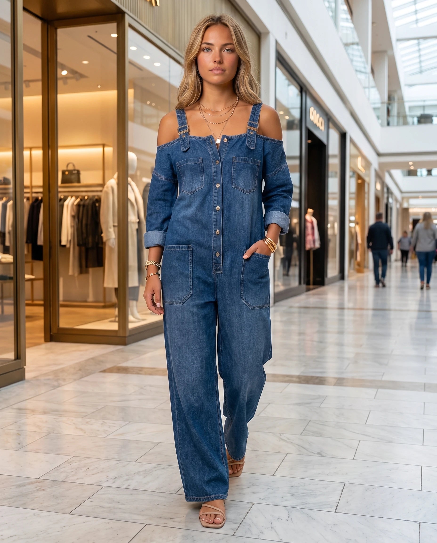 Combinaison en jean à épaules dénudées Maëlys — Bleu Denim, portée dans une galerie marchande