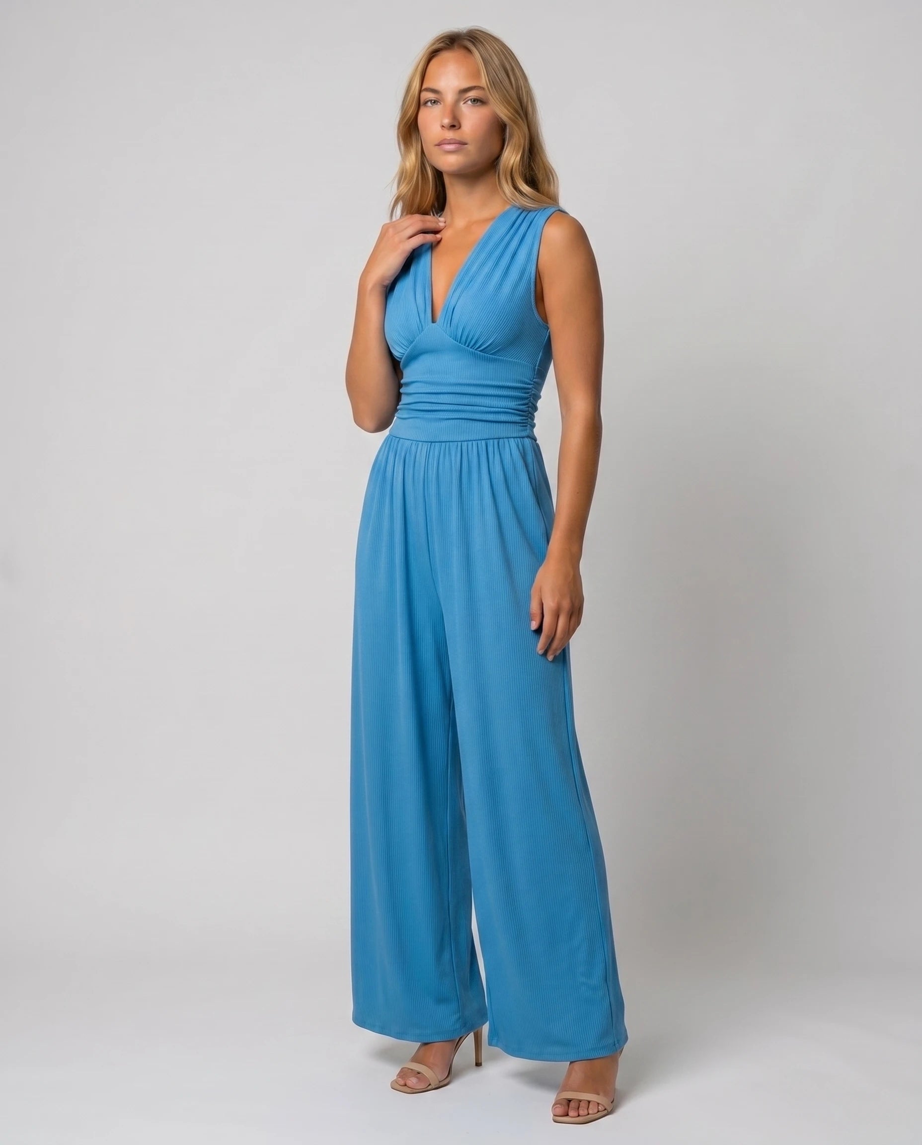 Combinaison large fluide col V — Romane - Bleu Azur - studio troisquart