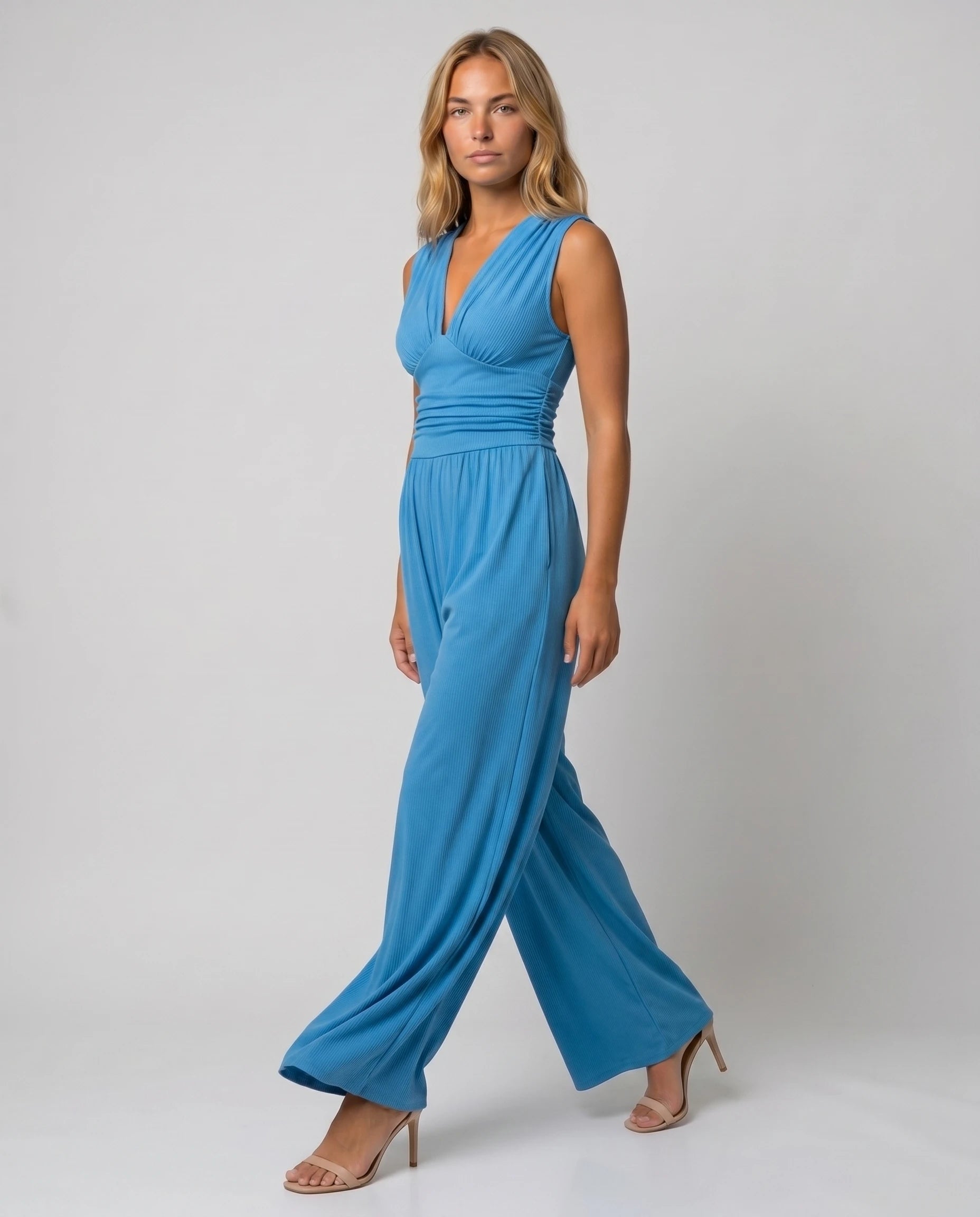 Combinaison large fluide col V — Romane - Bleu Azur - studio marche