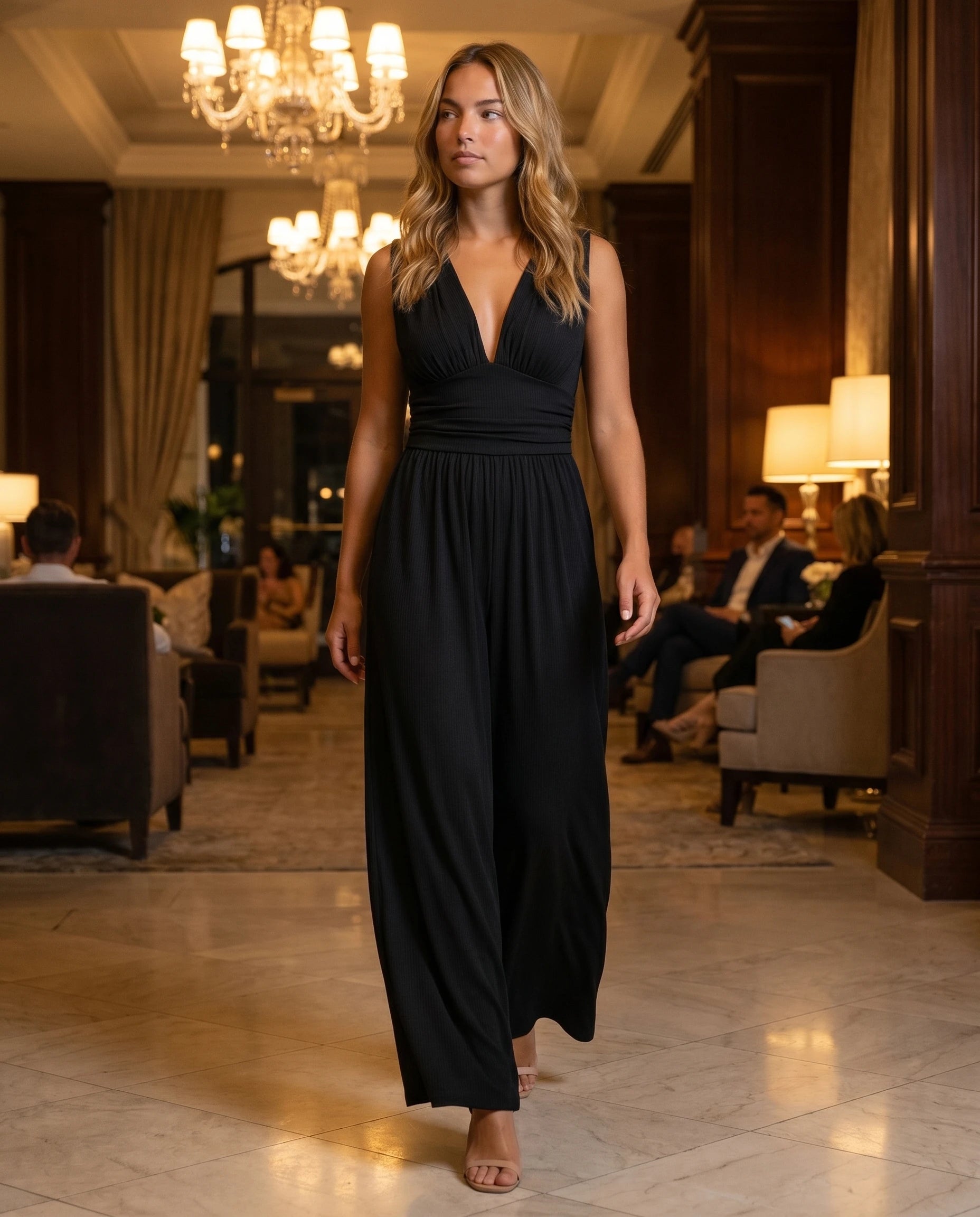 Combinaison large fluide col V — Romane - Noir - lifestyle lobby