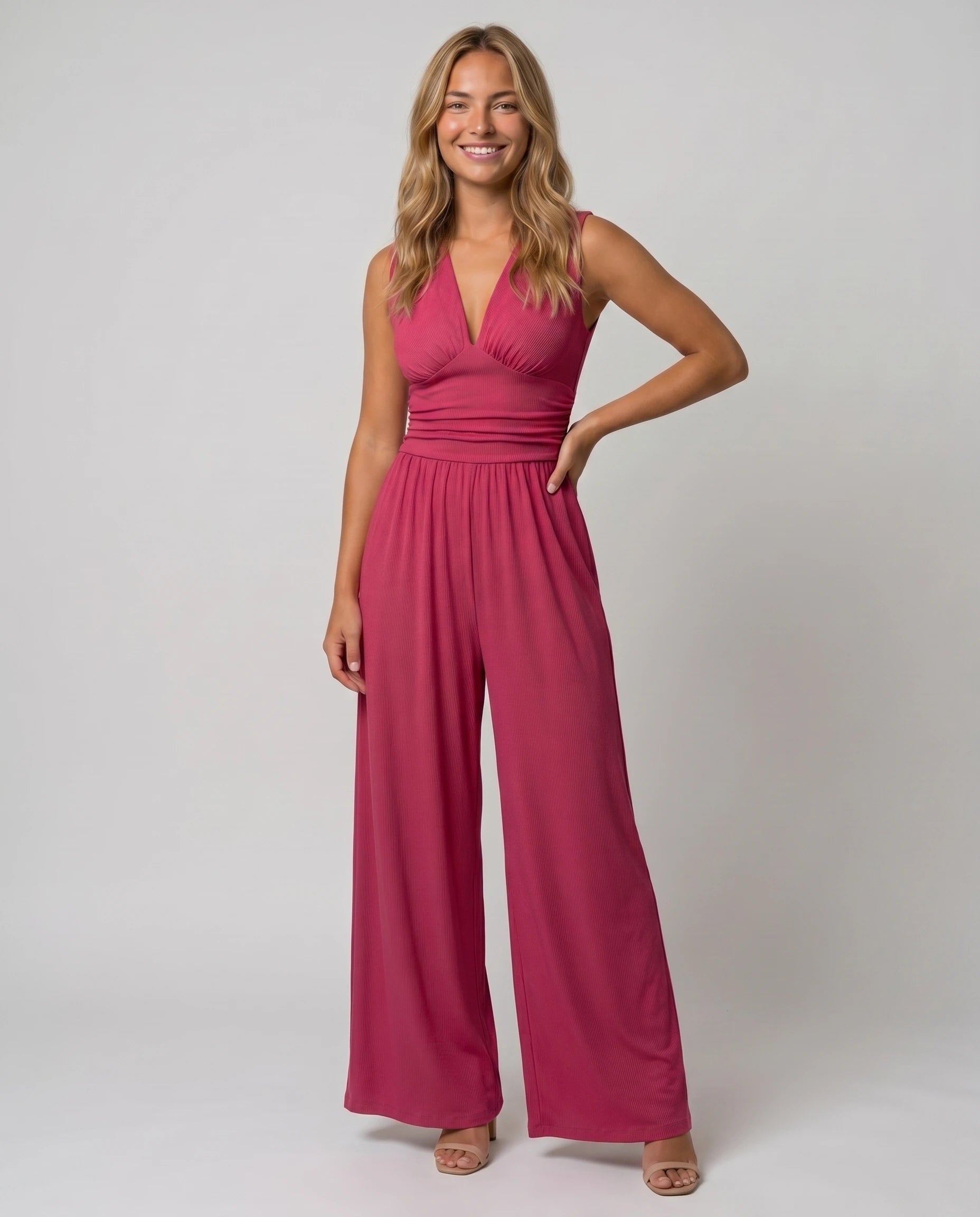 Combinaison large fluide col V — Romane - Rose Framboise - studio troisquart