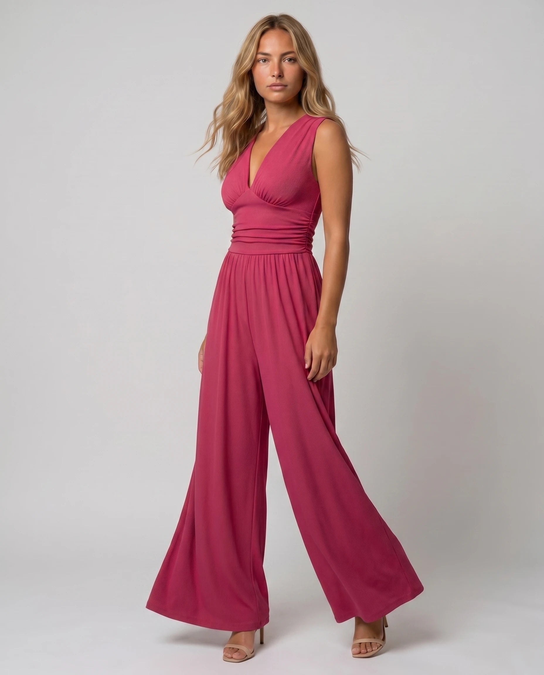 Combinaison large fluide col V — Romane - Rose Framboise - studio twirl