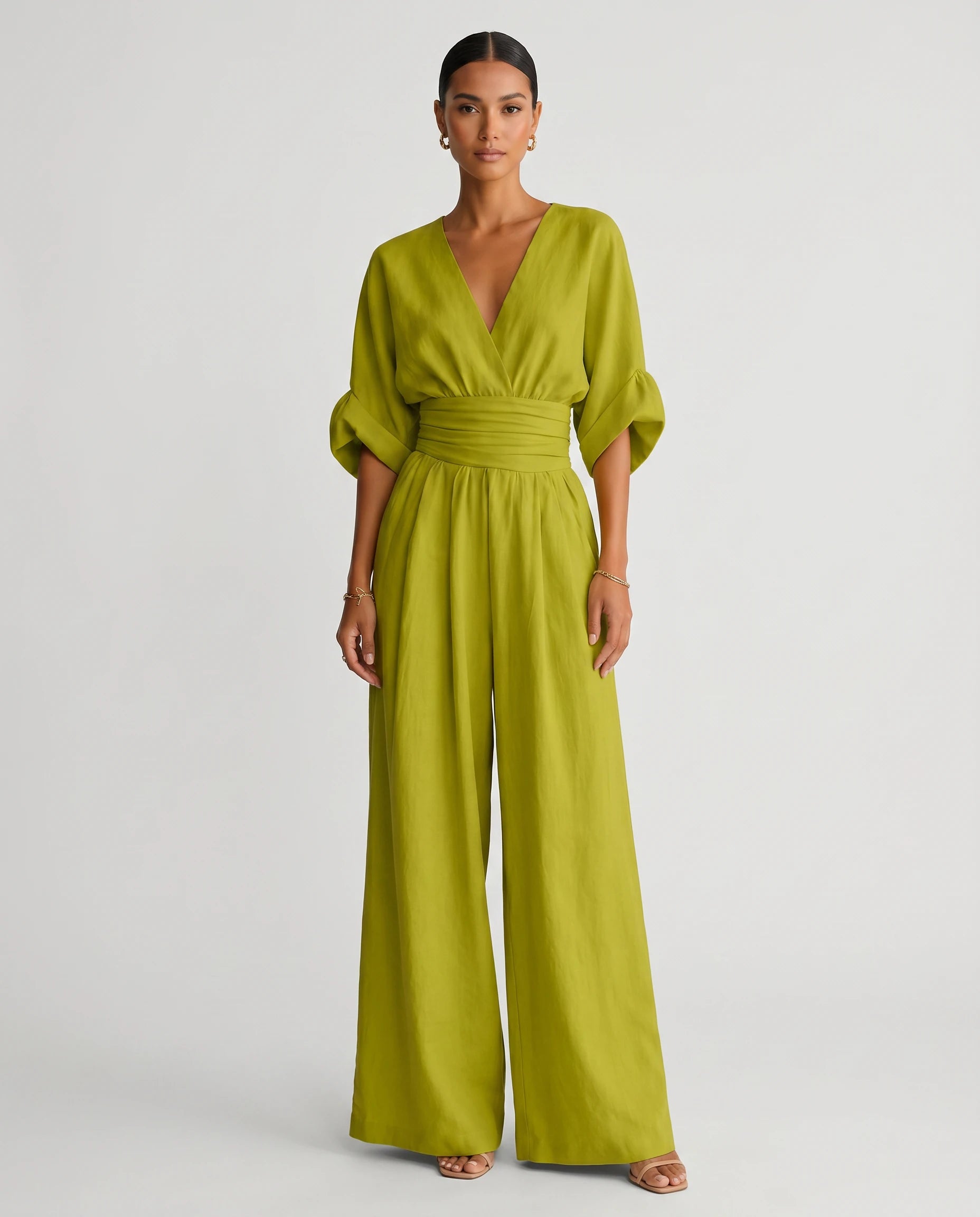 Combinaison habillee jambe large Vert Matcha, vue de face studio - Ophelie | Zolena