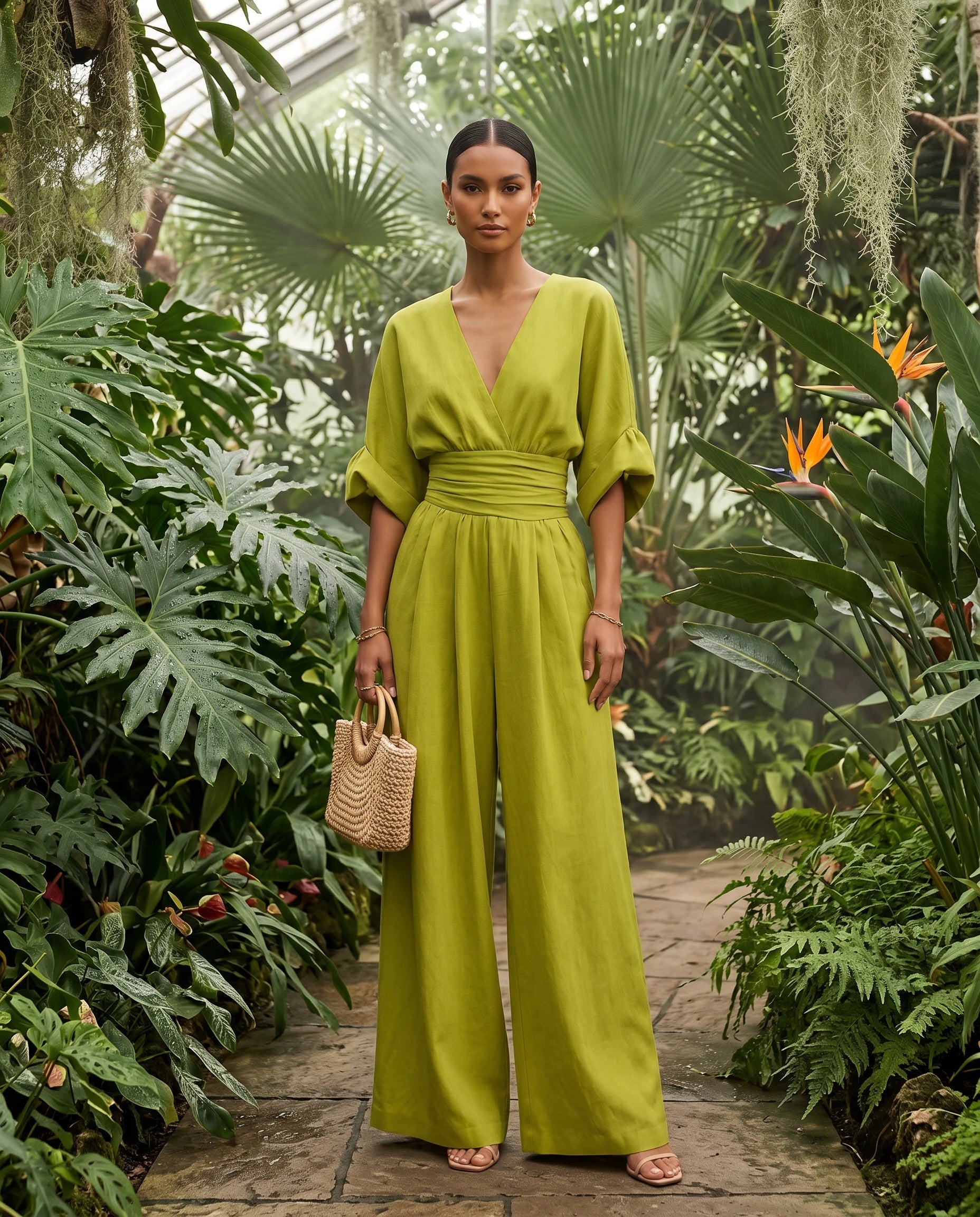 Combinaison habillee jambe large Vert Matcha portee dans une serre botanique - Ophelie | Zolena