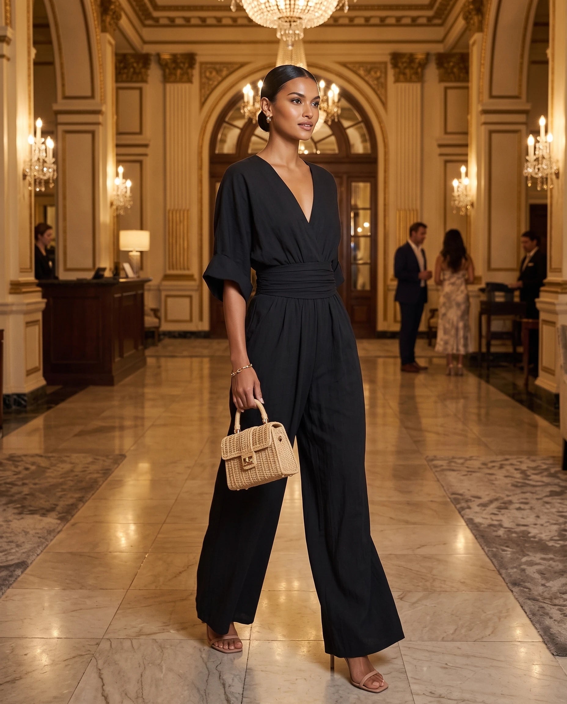 Combinaison habillee jambe large Noir portee dans un hall d hotel en soiree - Ophelie | Zolena