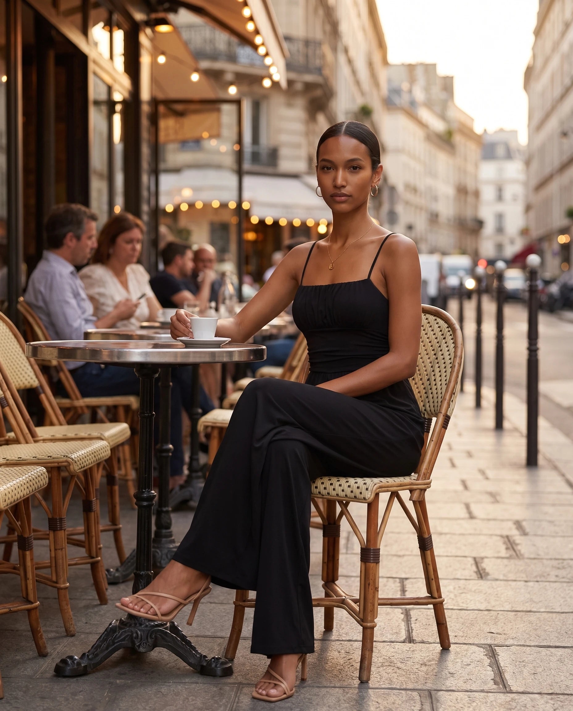 Combinaison large à fines bretelles Sabine — Noir, en terrasse de cafe parisien