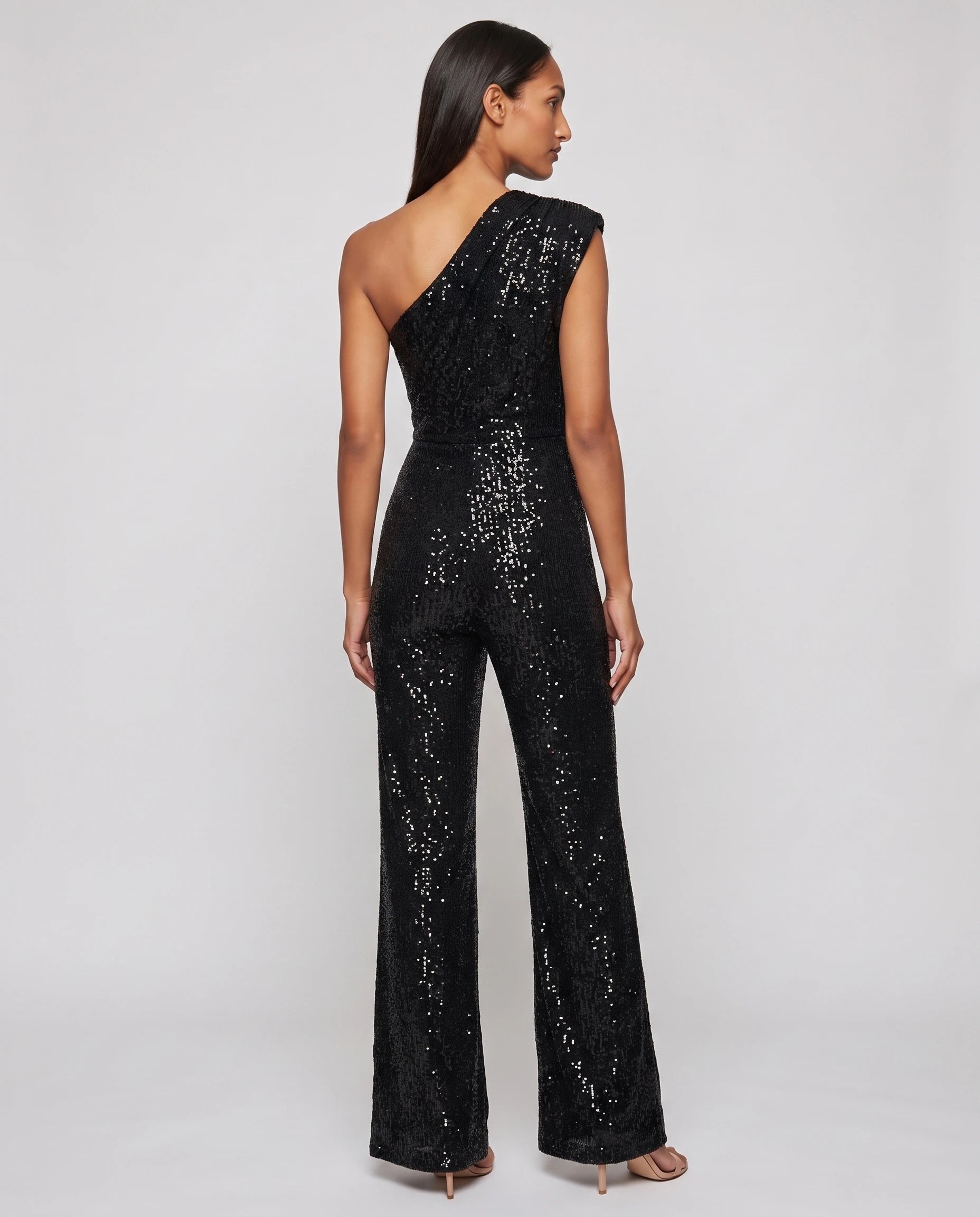 Combinaison à paillettes une épaule Estelle, coloris Noir, vue de dos studio