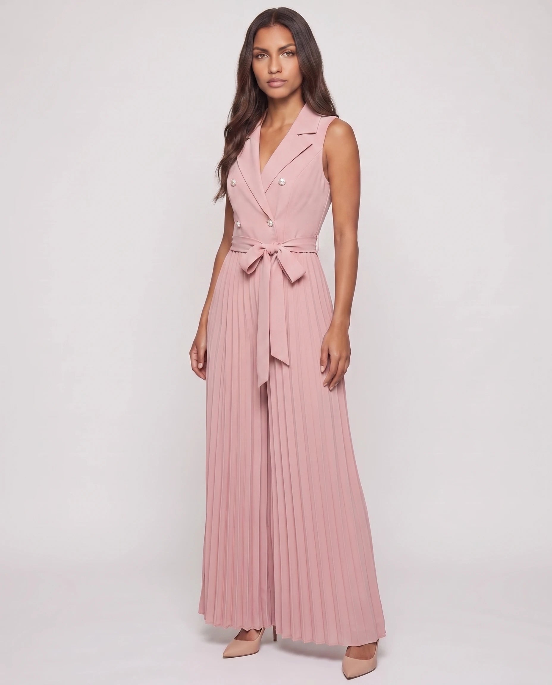 Combinaison habillée plissée à buste blazer Lucinde, coloris Rose, vue de trois-quarts