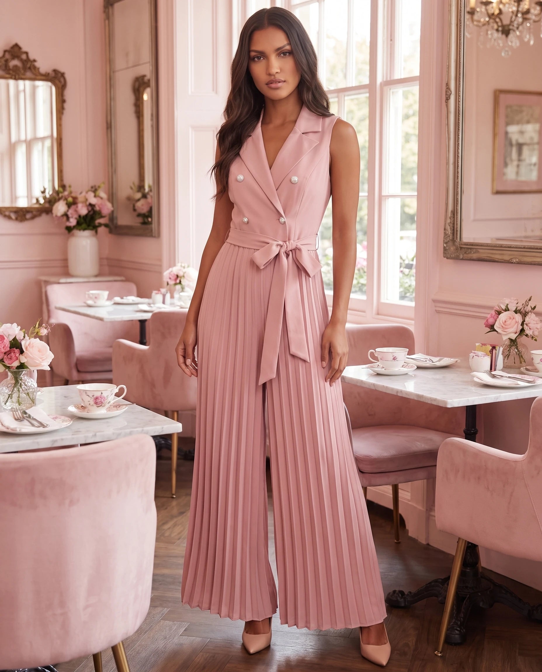 Combinaison habillée plissée à buste blazer Lucinde, coloris Rose, portée dans un salon de thé pastel