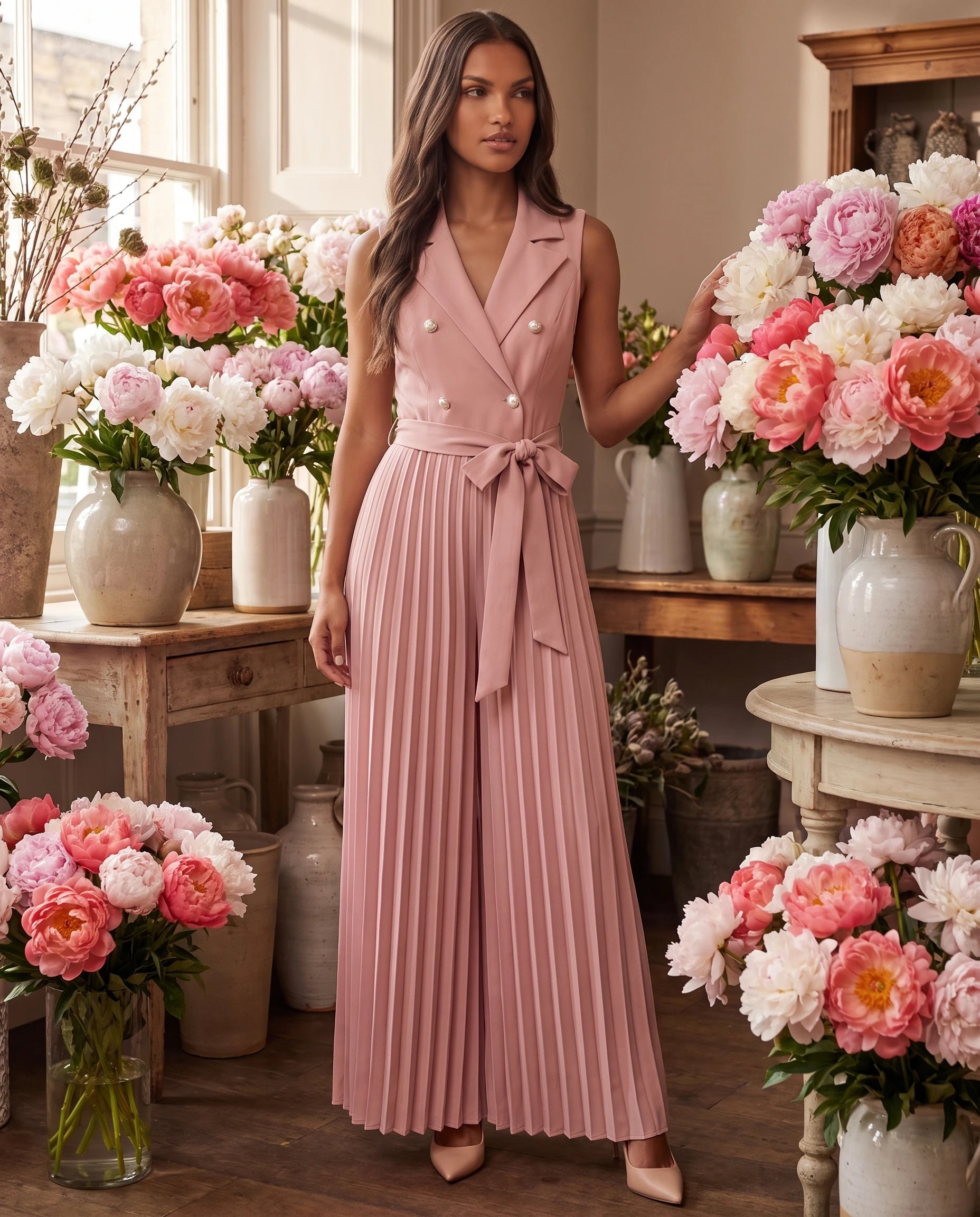 Combinaison habillée plissée à buste blazer Lucinde, coloris Rose, portée chez un fleuriste de pivoines