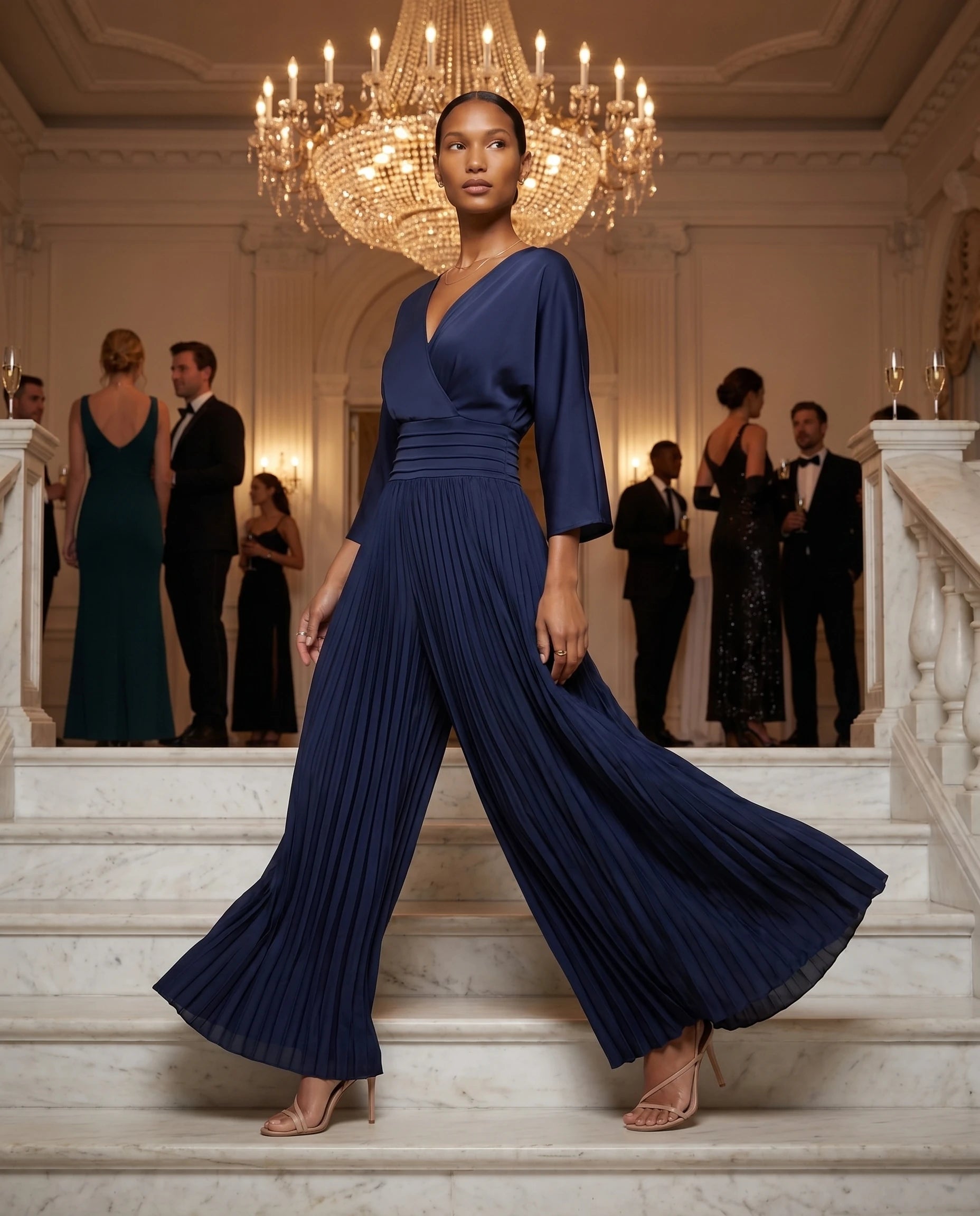 Combinaison habillee plissee Berenice Bleu Nuit - portee sur un escalier de marbre