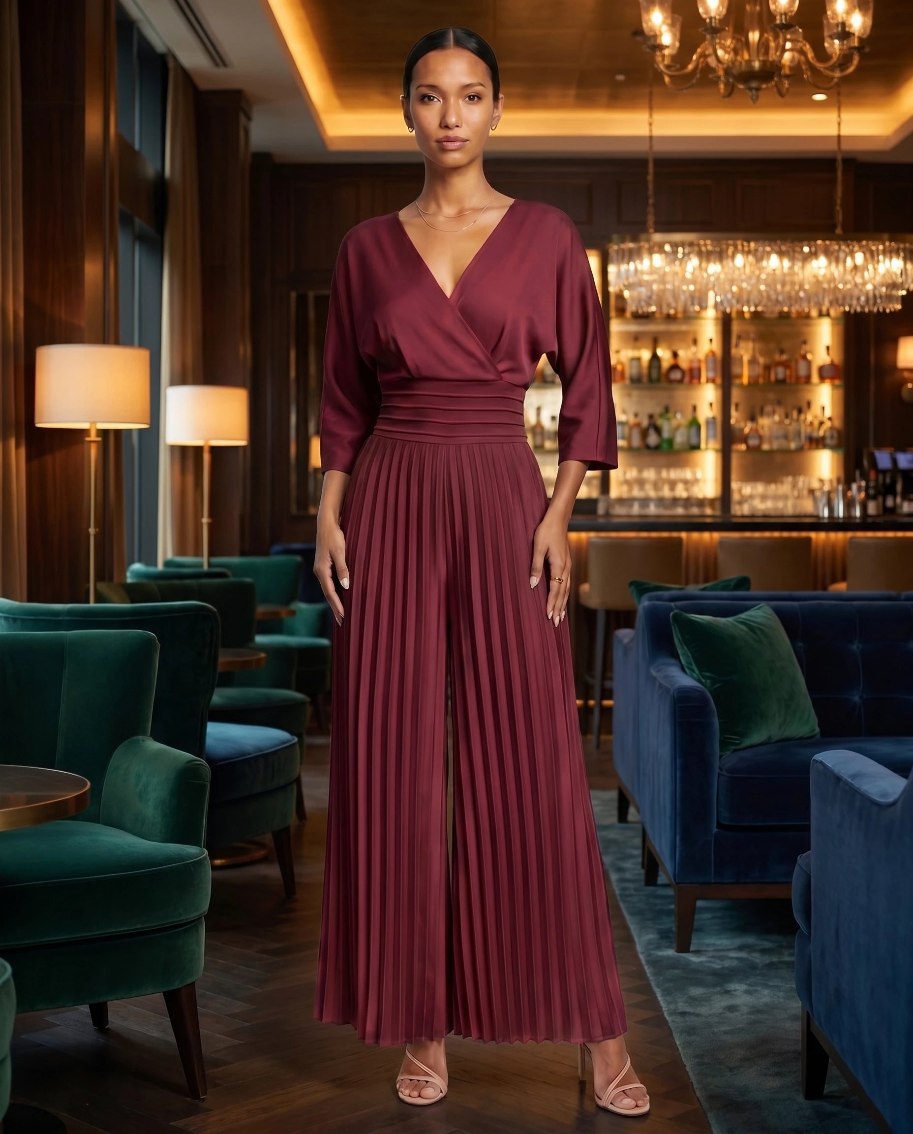 Combinaison habillee plissee Berenice Bordeaux - portee dans un lounge