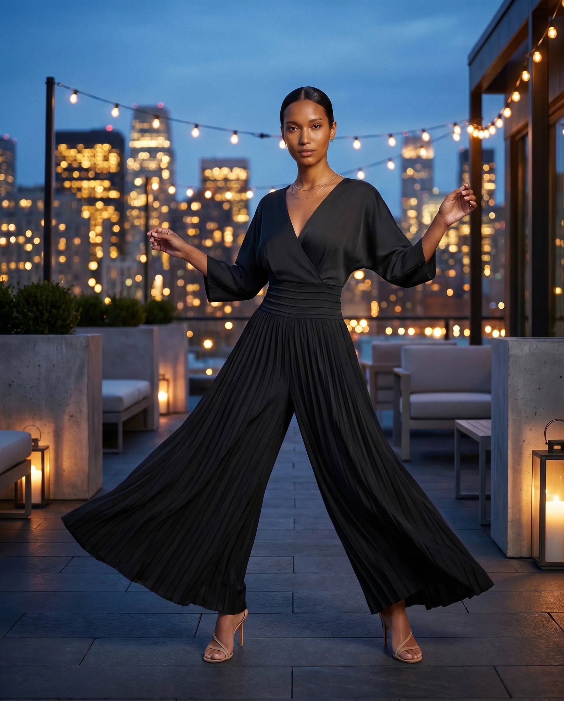 Combinaison habillee plissee Berenice Noir - portee sur un rooftop