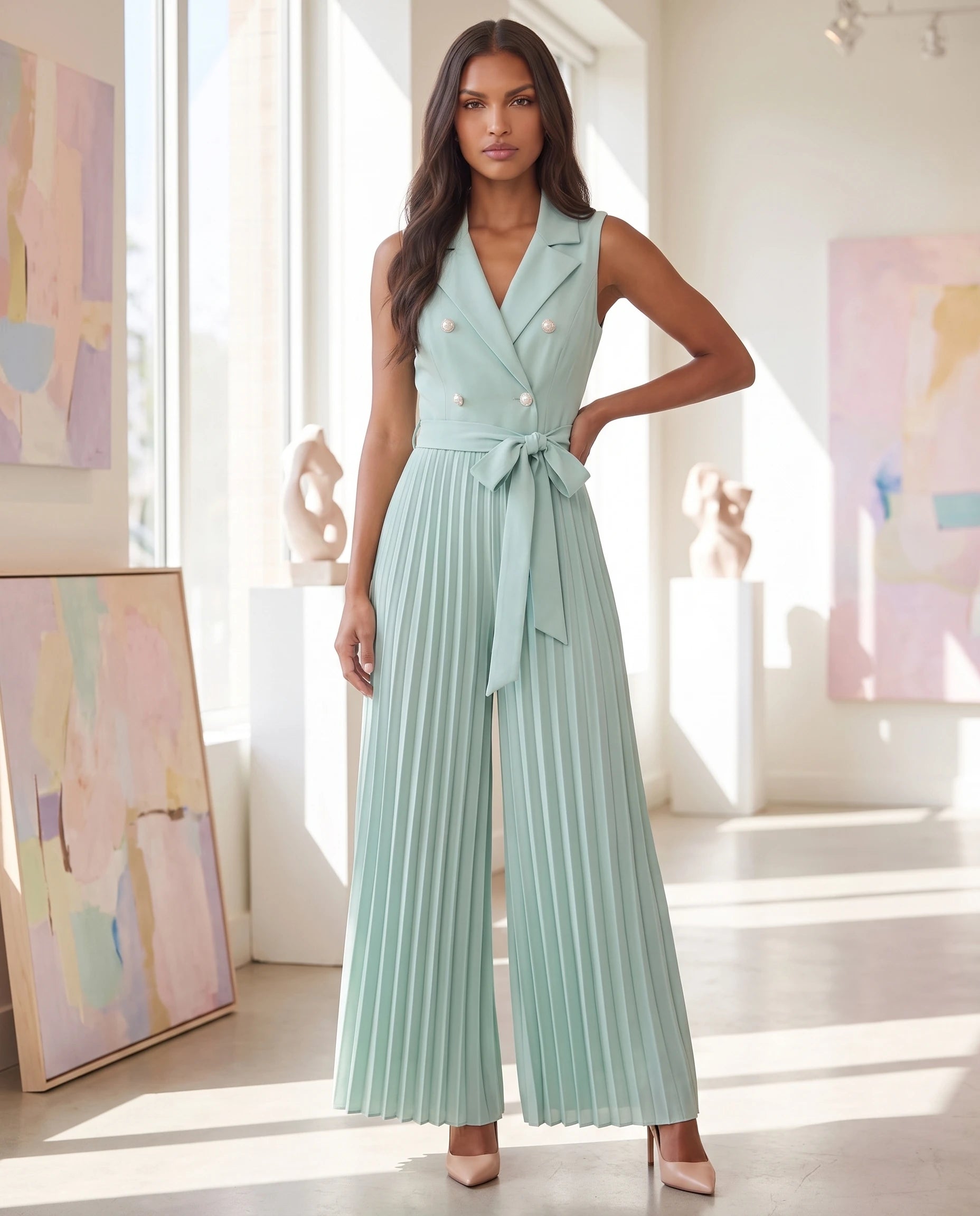 Combinaison habillée plissée à buste blazer Lucinde, coloris Vert d’eau, portée dans une galerie pastel