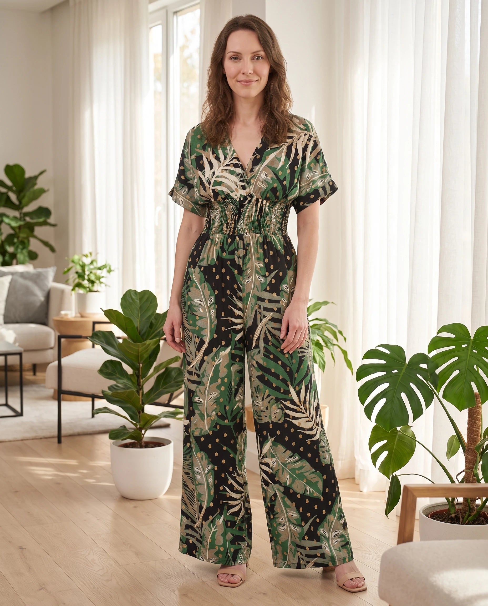 Combinaison large à imprimé feuillage Vert Foret — au salon