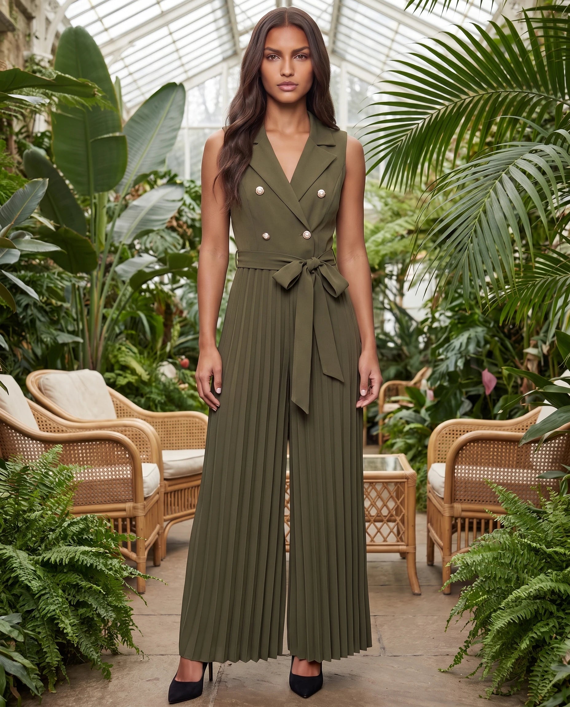Combinaison habillée plissée à buste blazer Lucinde, coloris Vert olive, portée dans un jardin d’hiver