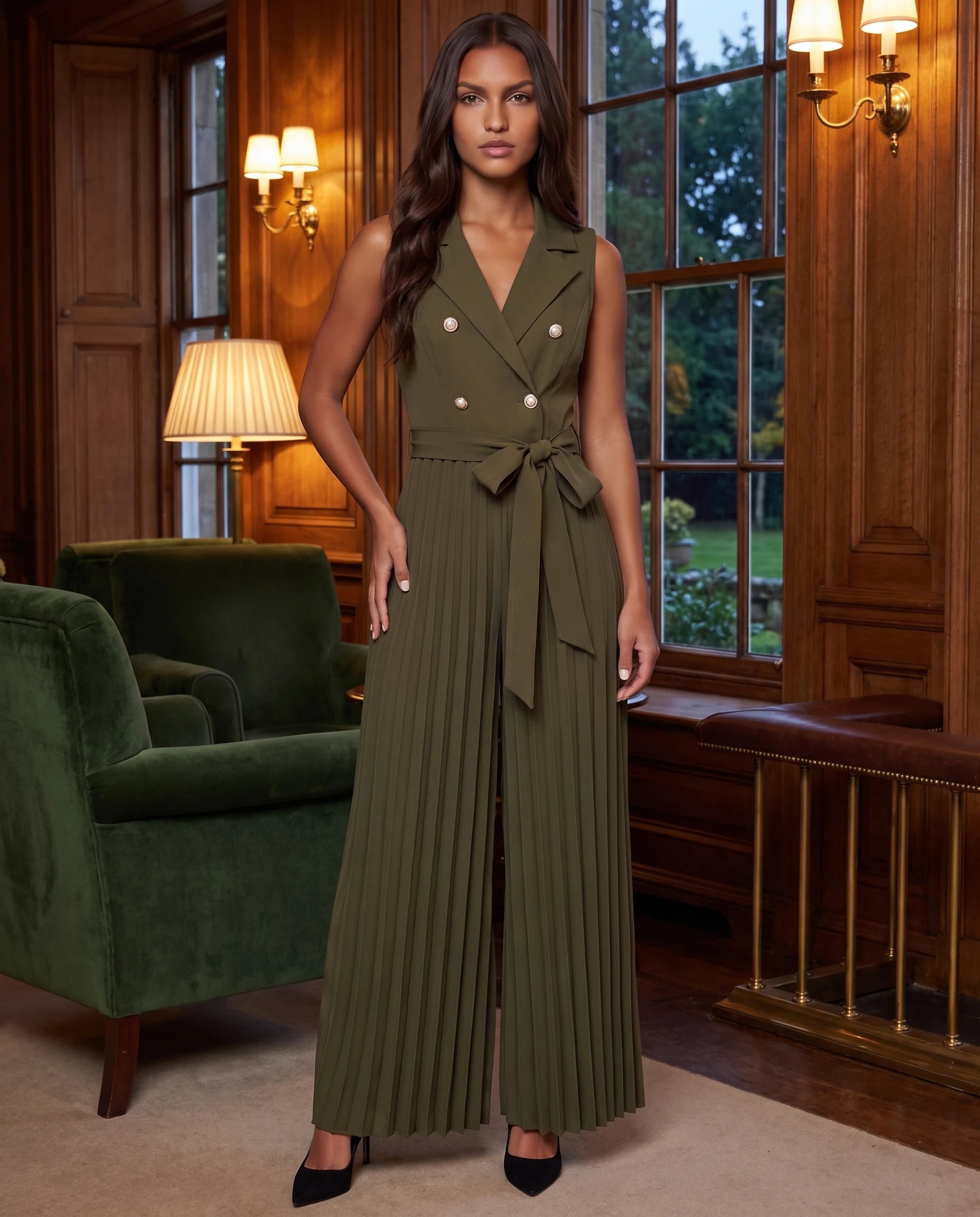 Combinaison habillée plissée à buste blazer Lucinde, coloris Vert olive, portée dans un salon en velours